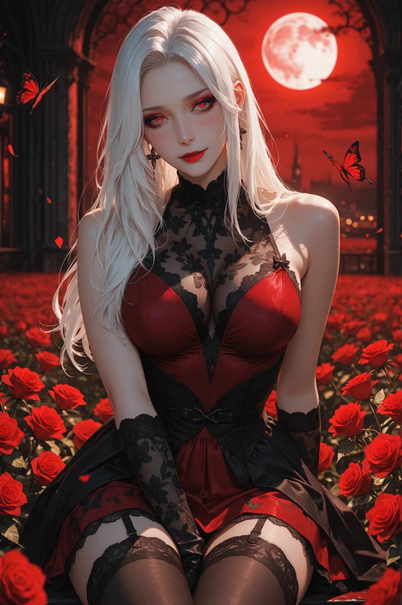 semi realistic, painterly, digital painting, (8k, Ultra HD), masterpiece, best quality, ultra-detailed, very aesthetic, depth of field, best lighting, detailed illustration, detailed background, cinematic, BREAK ambient occlusion, raytracing, soft lighting, blum effect, absolutely eye-catching, intricate cinematic background, BREAK masterpiece, amazing quality, 8K, illustrating, cute girl, eyelashes BREAK,
masterpiece, best quality, ultra-detailed, cinematic lighting, portrait of a beautiful woman with long flowing white hair, red eyes, wearing an elegant ruffled white and deep white and red dress with intricate lace and floral embroidery, surrounded by red roses flowers against a dark blood-red misty background, soft ambient light highlights her face and the glossy textures of her dress, blush, dark fantasy aesthetic, gothic beauty, moody atmosphere, skin texture with luminous highlights, shallow depth of field, playful expression, closed mouth, makeup, lipstick, short dress, moon, moonlight, butterfly, dynamic pose, stockings, sleeveless dress, exposed shoulders, skirt like flower, elaborate dress, floral accessories skirt, long gloves, field, sitting