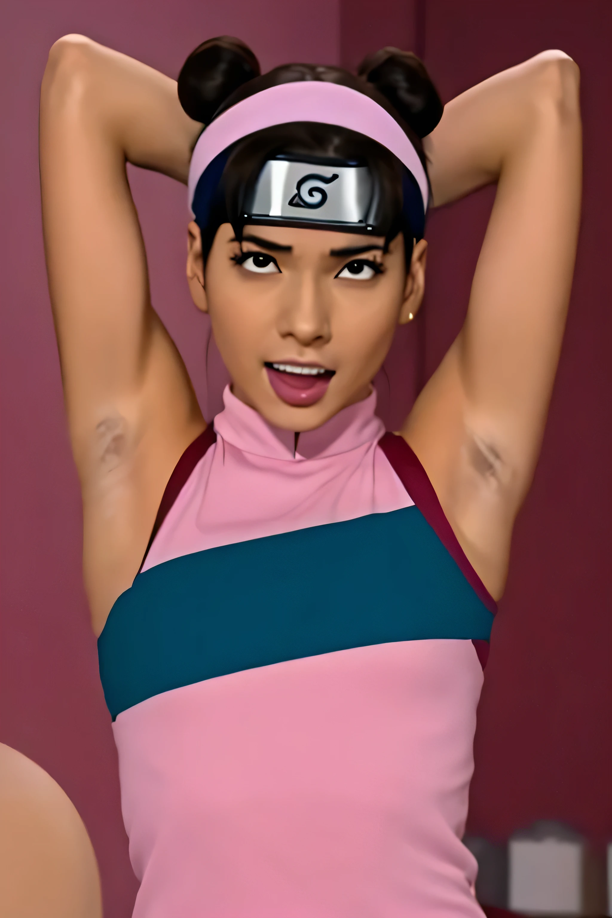 Tenten,human woman with fair skin and slight tan.with brown eyes and pink clothing. Her hair is long and brown in color; She is beautiful. Fair skin.Tsundere face. Pink eye shading,mature appearance,armpits,sweat,sweaty,sweaty armpits,arms up,showing armpits,awesome armpits,outfit,blackish red arm warmers,maroon arm bands,pink arm warmers,tongue, wearing black gloves
