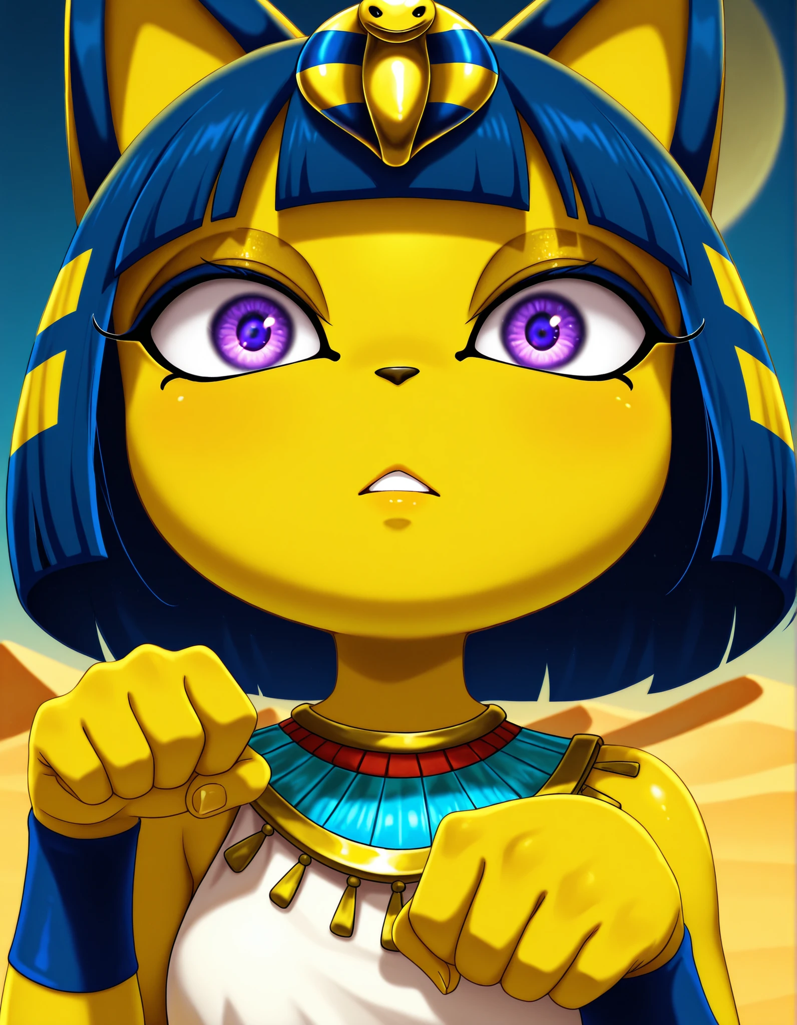-Bbmbbf-,, depth of field, 1girl, furry, ankha \(animal crossing\), expressionless, eye reflection, yellow background, yellow theme, blue background, desert,, purple eyes, glowing eyes, wide-eyed, paw pose, looking at viewer, close-up, parted lips,