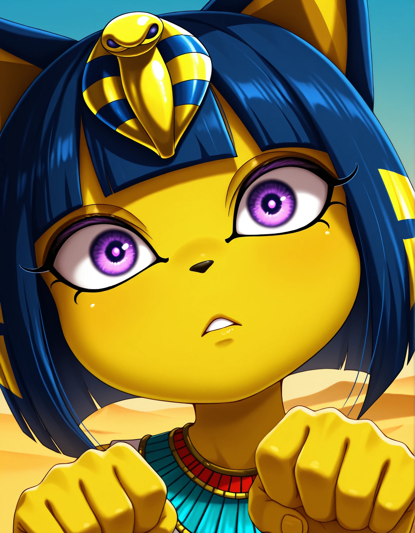-Bbmbbf-,, depth of field, 1girl, furry, ankha \(animal crossing\), expressionless, eye reflection, yellow background, yellow theme, blue background, desert,, purple eyes, glowing eyes, wide-eyed, paw pose, looking at viewer, close-up, parted lips,