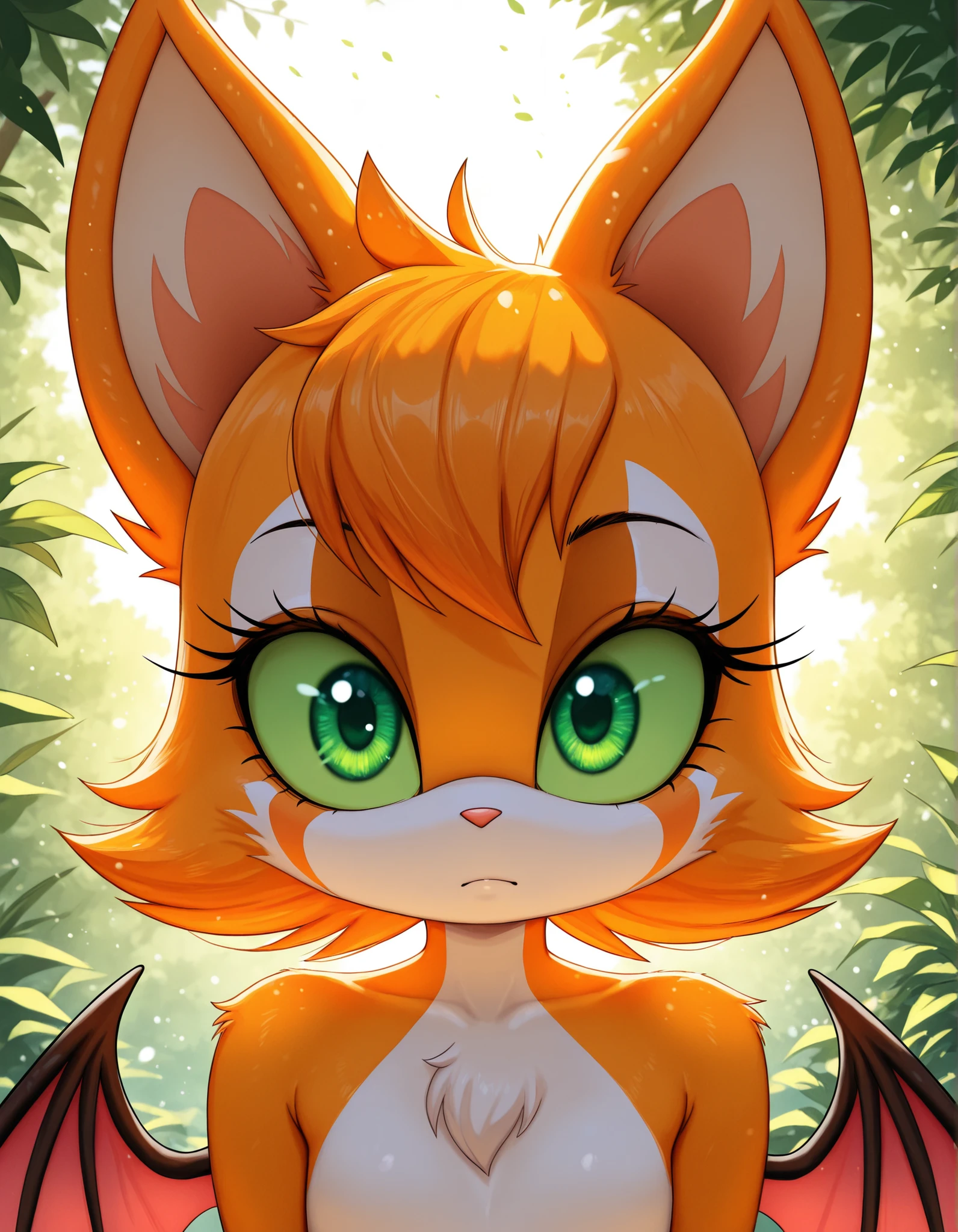-Bbmbbf-,, masterpiece, best quality, very aesthetic, (1girl:0.7),, (solo:1.3), furry, fidget \(elysian tail\), nimbat, fidget_daet, anthro, furry female, wings, tail, green eyes, colored sclera, bat wings, facial markings, orange fur, white fur, two-tone fur,membranous wings, fluffy, portrait, big eyes, young, BREAK, masterpiece, best quality, high quality, particles effect, [:by Desubox:0.15], [:by Anchee, by Snowskau:0.55], detailed background, detailed foreground, subtle shadows, depth of field, backlighting, plant, nude