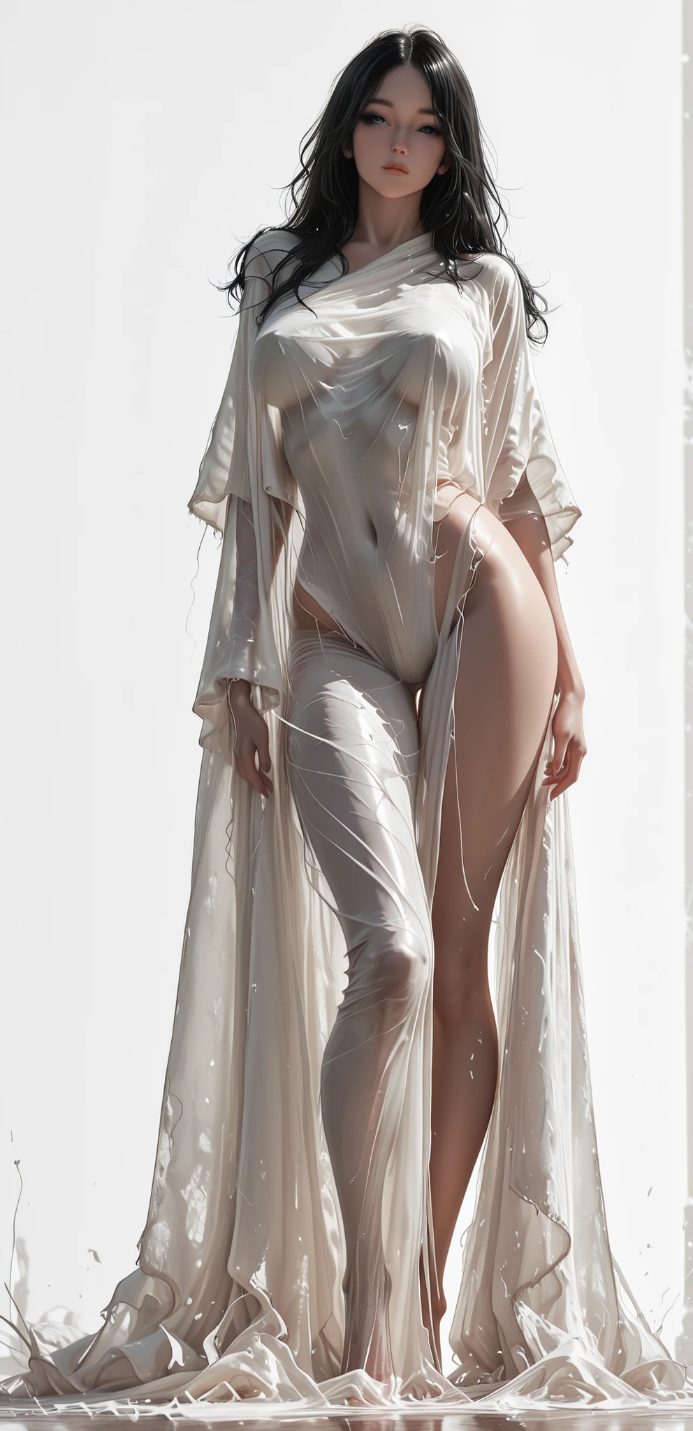 Female 1 , Solo, Huge White Silk Cloak, (Covered in Silk:1.2), (Body Silhouette:1.2), black hair, beautiful, Nude, Women's curves, thin waist, Widehip, long legs, Nude, masterpieces, top quality, rolling around rich contrast, Damp texture, high resolution,