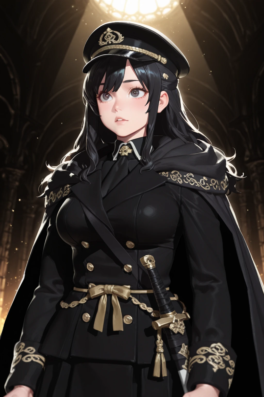 (masterpiece, best quality:1.2) {{Artist: sincos)}} 1woman, solo, stern, sfw, clothed, french braid, long hair, tall, black hair, golden eyes, looking tired, scar, black cloak, cape, black cap, castle background, cigarette in mouth, cold expression, wearing armor.