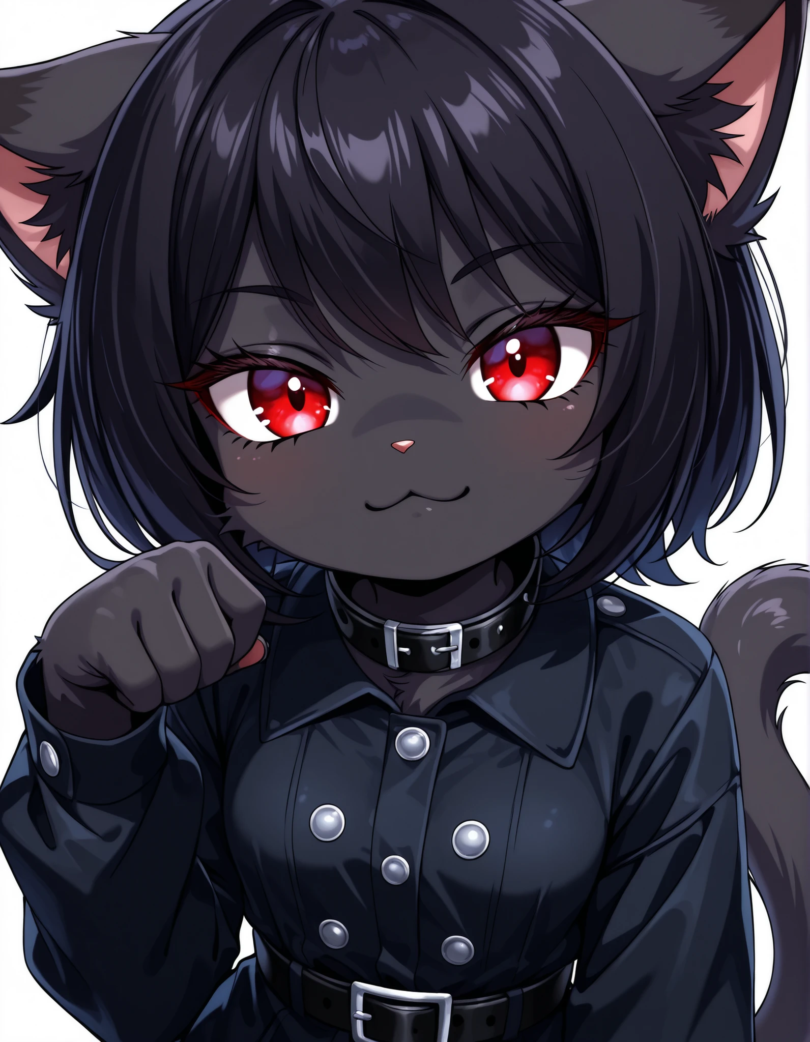 -Bbmbbf-,, masterpiece, best quality, very aesthetic, 1girl, solo, white background, looking at viewer, portrait, paw pose, :3, furry female, cat girl, animal ears, black hair, short hair, black skin, red eyes, cat tail, black jacket, buttons, long sleeves, black belt, collar, masterpiece, best quality,