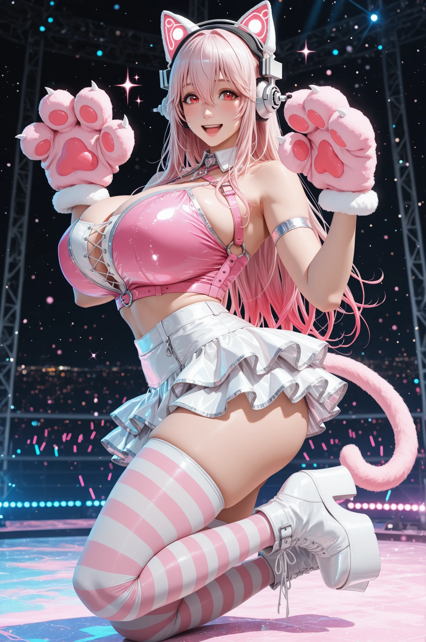 semi realistic, painterly, digital painting, hyperdetailed drawing, perfect quality, high quality, masterpiece, absolutely eye-catching, absurdres, newest, detailed eyes, perfect eyes, (beautiful and aesthetic), very awa, newest, cinematic light, pinup girl pose, 1girl, super sonico, long hair, pink hair, looking at viewer, smile, open mouth, hair between eyes, jewelry, very long hair, gradient hair, pink hair, white hair, full body, fake animal ears, pink cat ears, animal hands, large pink cat paws, cat claws, cat tail, gigantic breasts, frilly micro skirt, tight skirt, pink crop top, sleeveless, white skirt, silver headphones, red eyes, sparkle, floating hair, depth of field, white footwear, striped thighhighs, happy, light blush, light particles, silver trim, glint, platform footwear, pink harness, colorful, alternate costume, artistic background