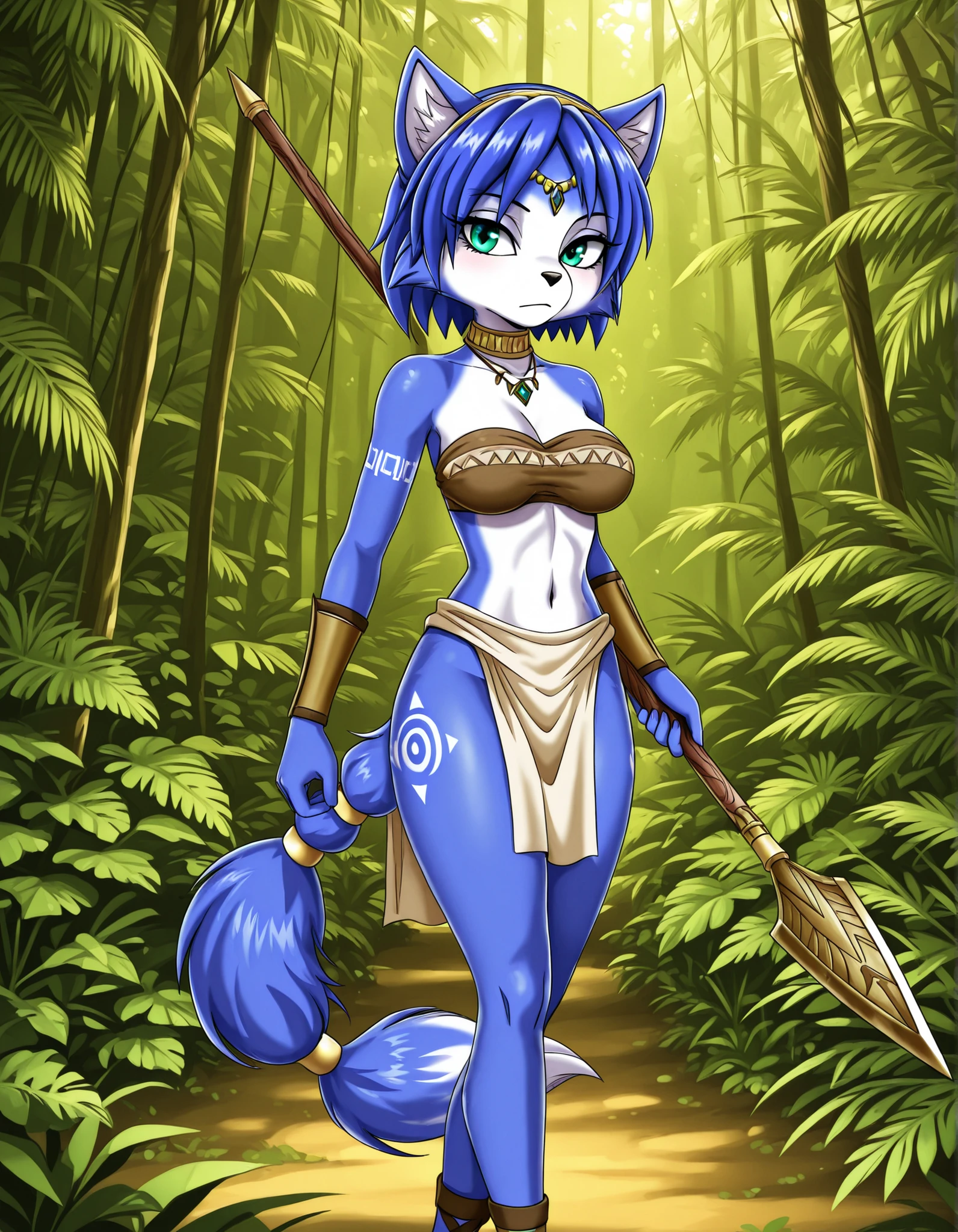 -Bbmbbf-, masterpiece, best quality, amazing quality,,1girl,solo,furry,furry female, krystal, tube top,jungle, holding spear, tribal tattoo,closed mouth,snout,