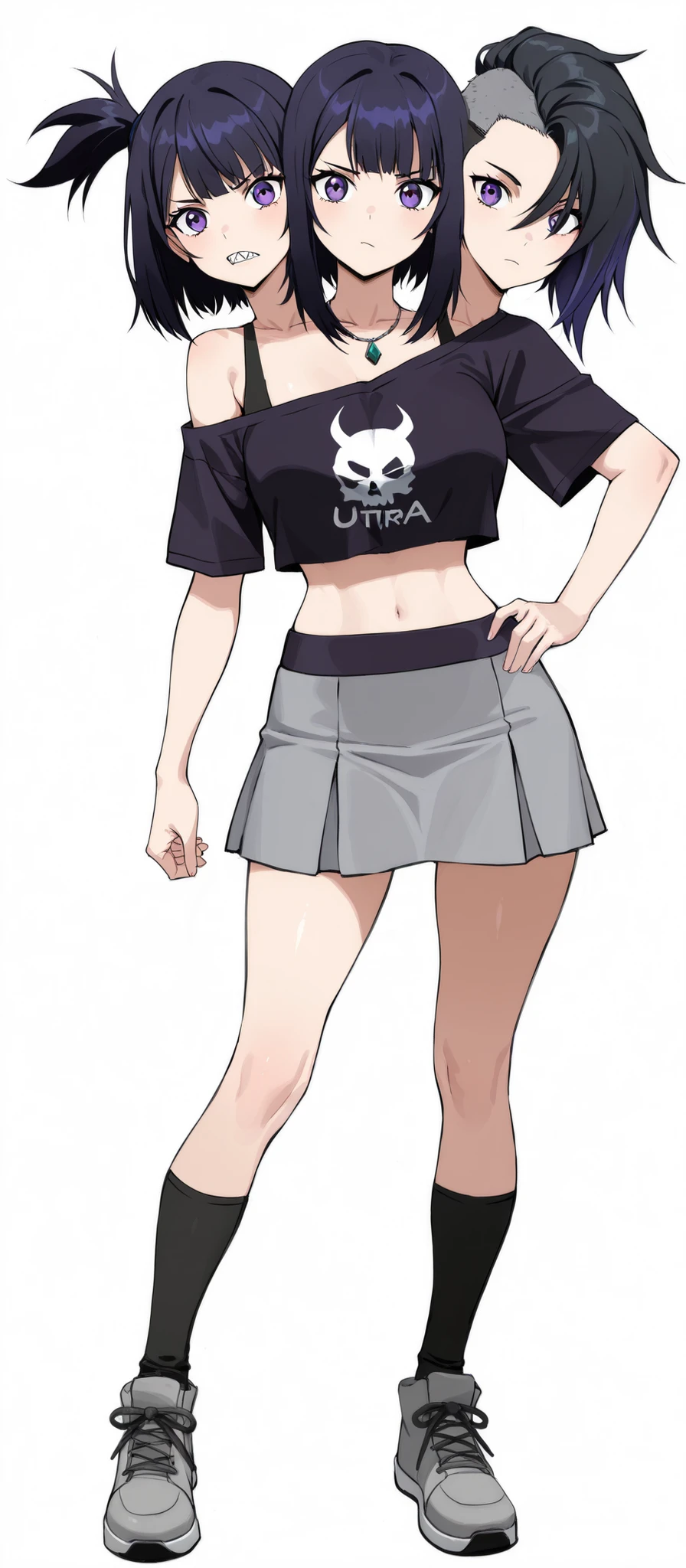 (masterpiece) , (ultra-detailed) , (high quality) , (high resolution) , (best quality:1 . 5 , highres , UHD) , highres , absurdo , ultra detail , ultra quality , Ultra resolution , 16k , ((anime girl with three heads)) ,(black hair), sharp eyes, bare shoulder, crop top shirt, (indigo blue crop top), skirt. long socks, gray shoes, medium hair, necklace, Sidecut, Side shaved hair