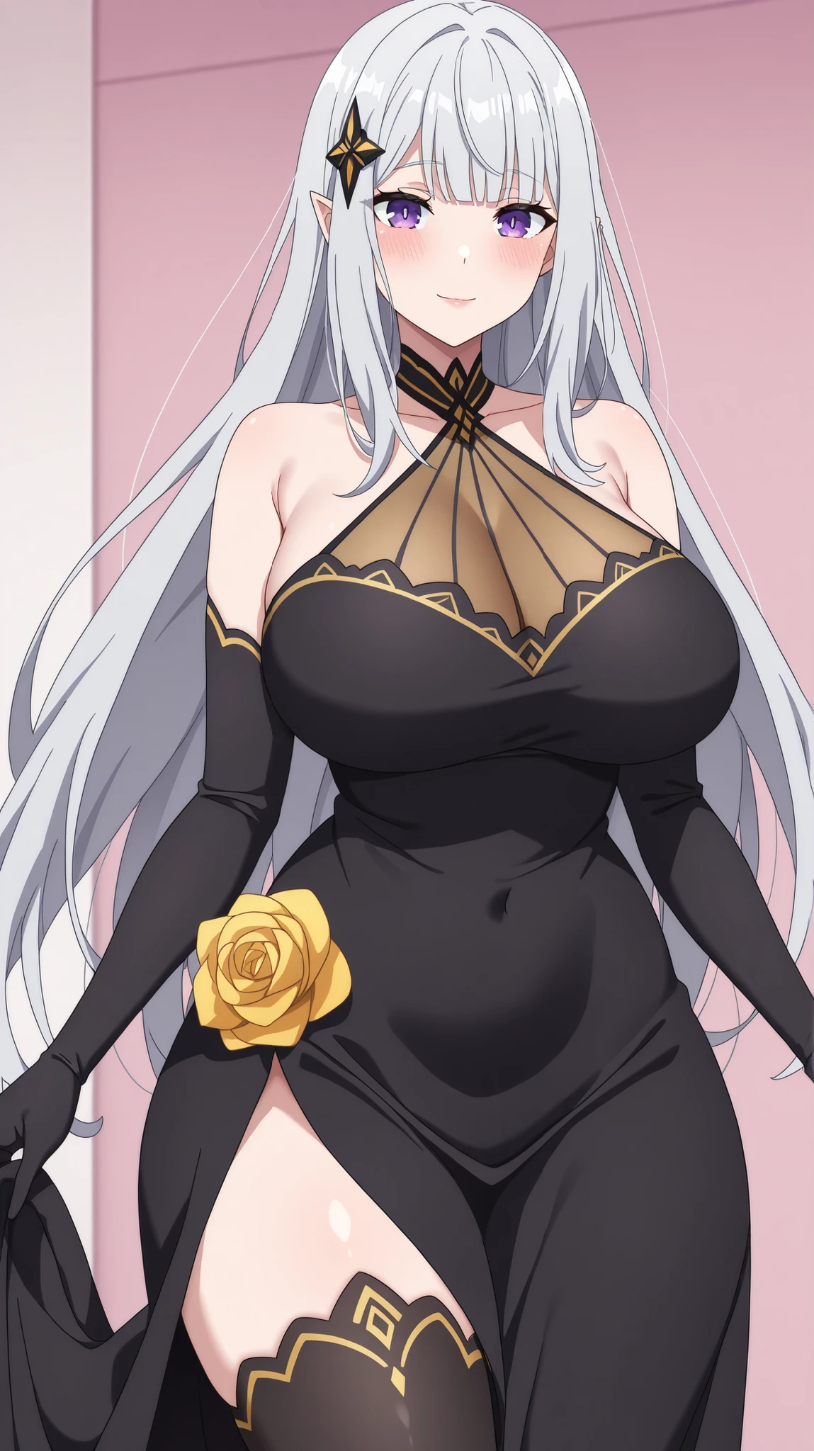 newest , masterpiece , anime screencap , anime coloring , Solo, long dress, Satella, Anime, 1girl, Mature Female, pointy ears, hair ornament, blush, silver hair, long hair, closed mouth, light smile, lips, purple eyes, big breasts, glamorous bodies, attractive bodies, big Curvy, Slutty, Neat, ((sleeveless black dress,elbow_gloves, yellow rose , halterneck, black thighhighs,))), (((Sexy,))) 