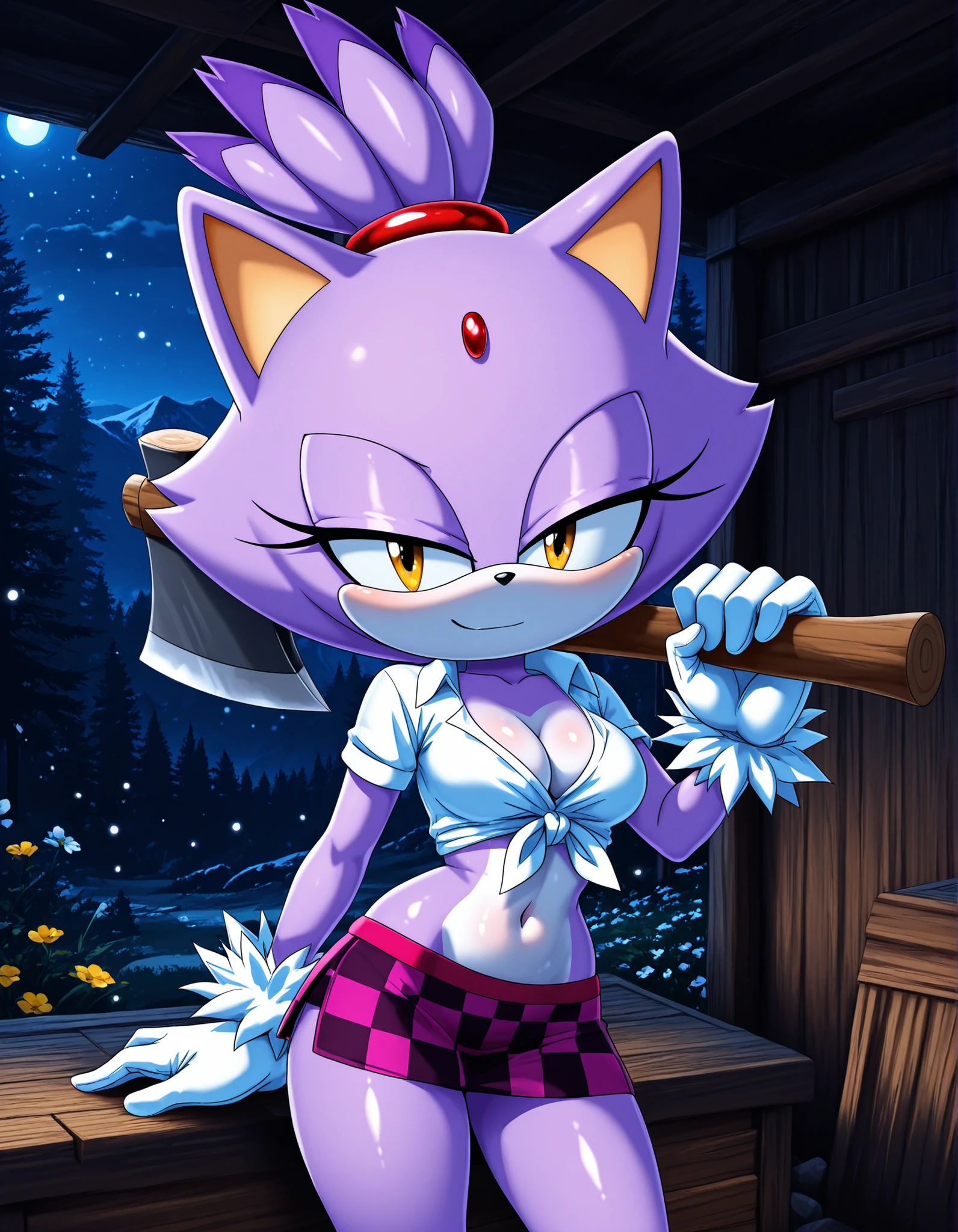 -Bbmbbf-, ,, solo, 1girl, blaze the cat, furry, shiny skin, short stack, (wide hips:0.8), white gloves, medium breasts, cleavage, black miniskirt, midriff, red checkered knotted top, tied shirt, axe over shoulder, BREAK smile, smug, BREAK (cabin:1.3), night, forest background, (mountains:1.1), flower, wood chopping block, cowboy shot, BREAK masterpiece, amazing quality, best quality, very aesthetic, newest, absurdres, cinematic lighting, ambient occlusion, raytracing, colorglow, light shafts, light particles