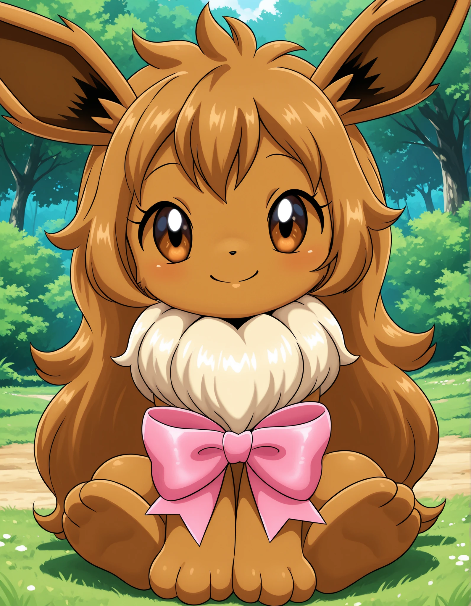 -Bbmbbf-,, pokekid, eevee, fluffy girl, furry girl, female, smile, smiling, has a big pretty bow in her hair, has animal paws for hands, 1girl, best quality, outdoors, high definition, cute,