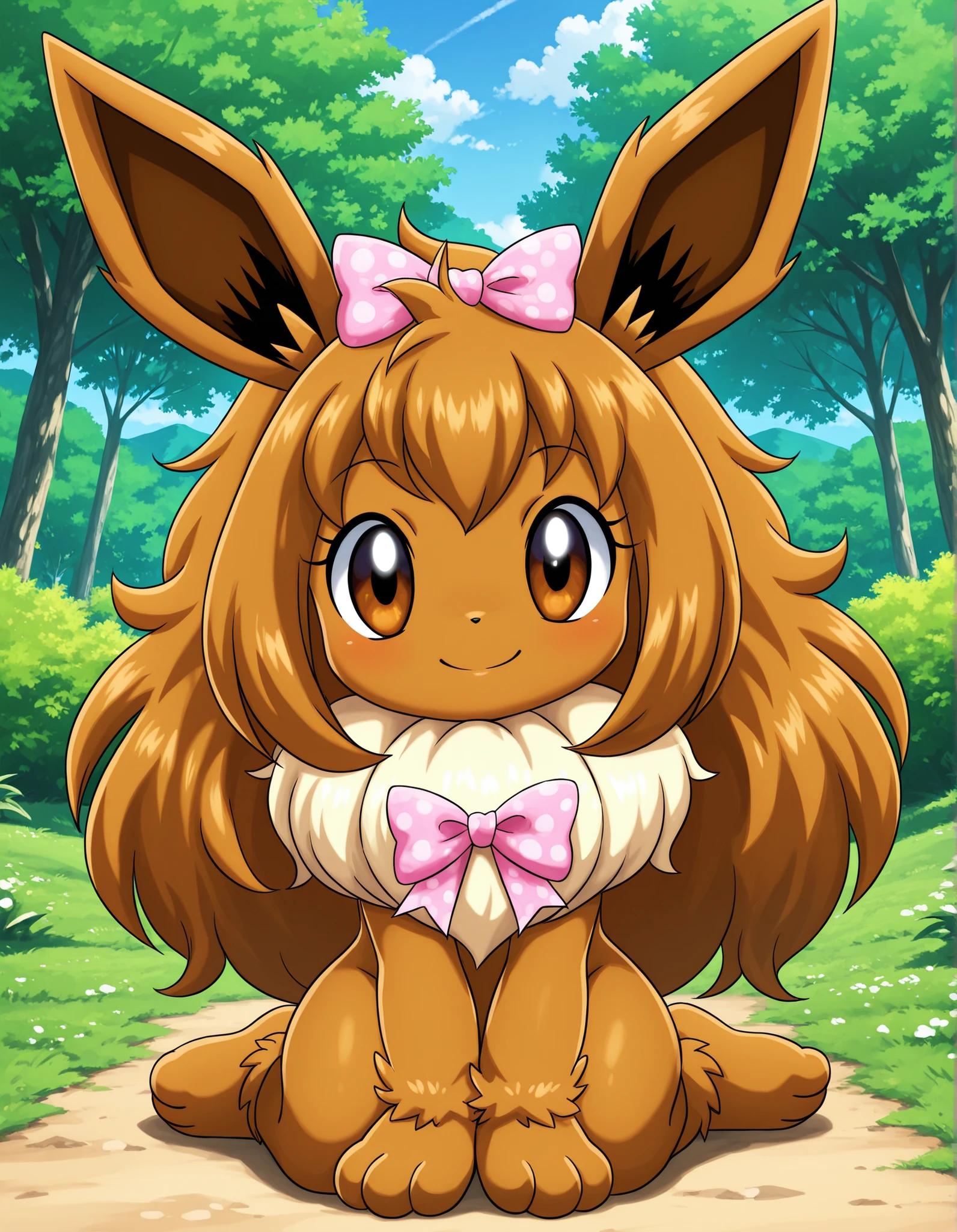 -Bbmbbf-,, pokekid, eevee, fluffy girl, furry girl, female, smile, smiling, has a big pretty bow in her hair, has animal paws for hands, 1girl, best quality, outdoors, high definition, cute,