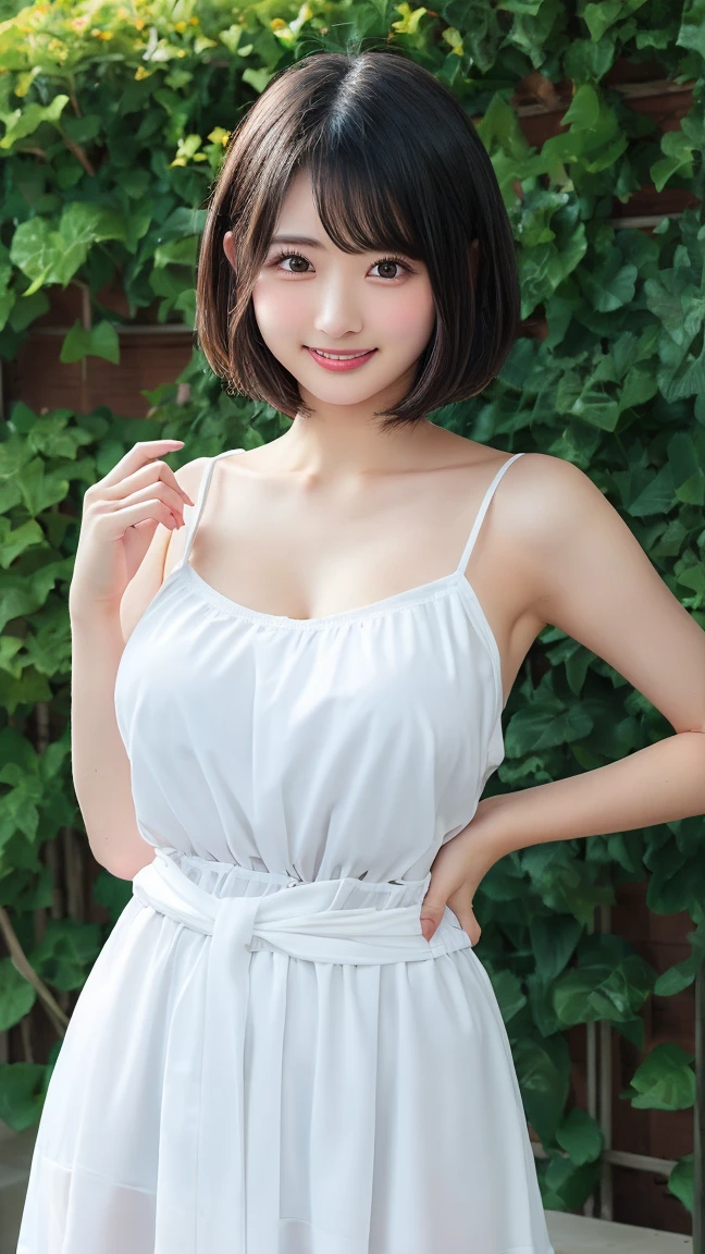 Best-quality, Masterpiece, Ultra-High-Resolution, (Photorealistic:1.4), Raw-Photo, 1girl, 15-years-old, the most famous Japanese idol, dynamic-pose, upturned ???, innocent-smile, looking at viewer, (wearing only white extremely see-through dress), (extremely cute face like the most popular Japanese idol), (extremely beautiful black-short-cut-haired), (((extremely beautiful big-black-eyes))), extremely beautiful skins, extremely beautiful long-eyelashes, extremely beautiful lips, extremely beautiful body wearing white-see-through-dress, extremely beautiful thighs
