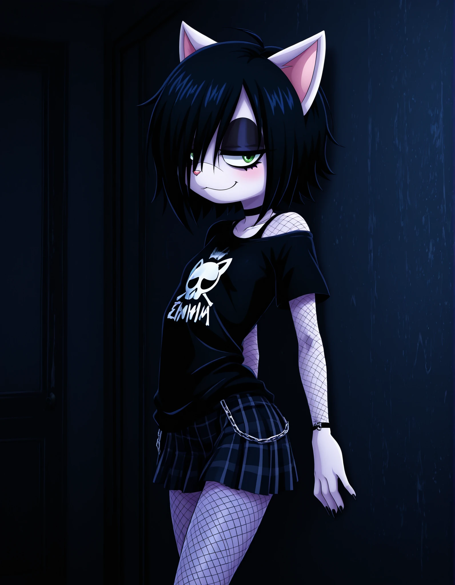 -Bbmbbf-,, volumetric_lighting, chiaroscuro_lighting, vibrant, shaders, against_the_wall, arched_back, 1girl, interior, solo, detailed, furry, cat, skinny, smug, ((cute_clothes, emo, fishnets)), white_fur, cute, claws, stare, soft_light, stylized, SuchHorriGir,