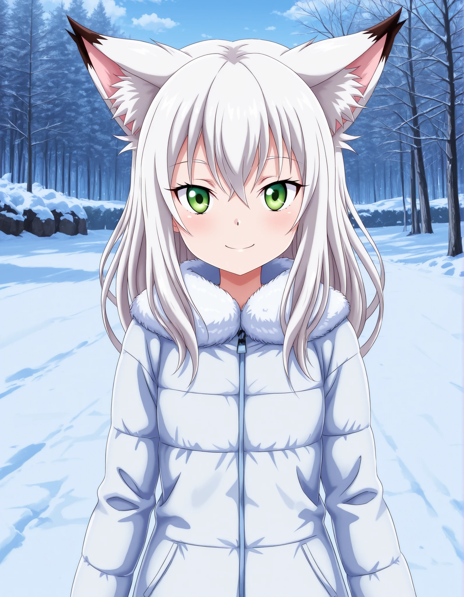 -Bbmbbf-,, anime, solo, BREAK, young fox girl, skinny and frail, (petite,cute:0.5), green eyes, looking at viewer, long hair, white hair, smile, winter clothes, outdoors, winter