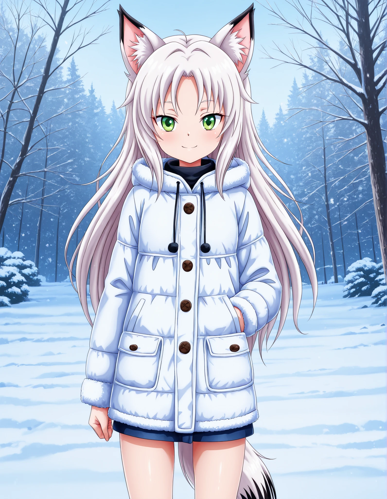 -Bbmbbf-,, anime, solo, BREAK, young fox girl, skinny and frail, (petite,cute:0.5), green eyes, looking at viewer, long hair, white hair, smile, winter clothes, outdoors, winter