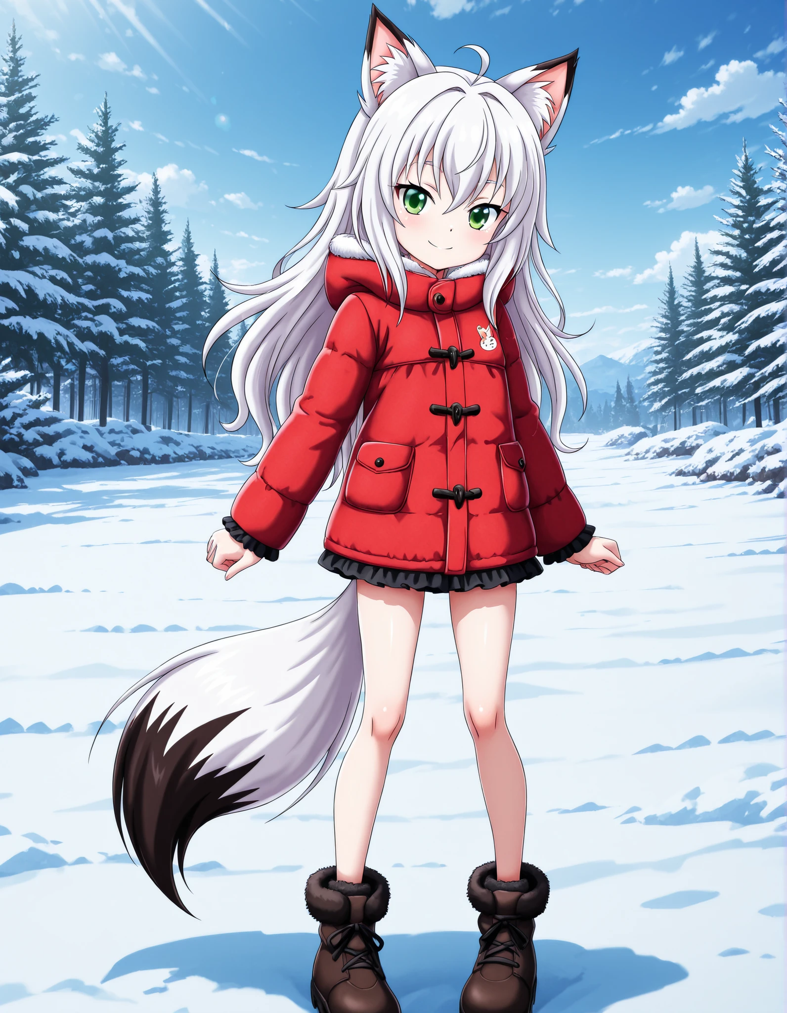 -Bbmbbf-,, anime, solo, BREAK, young fox girl, skinny and frail, (petite,cute:0.5), green eyes, looking at viewer, long hair, white hair, smile, winter clothes, outdoors, winter