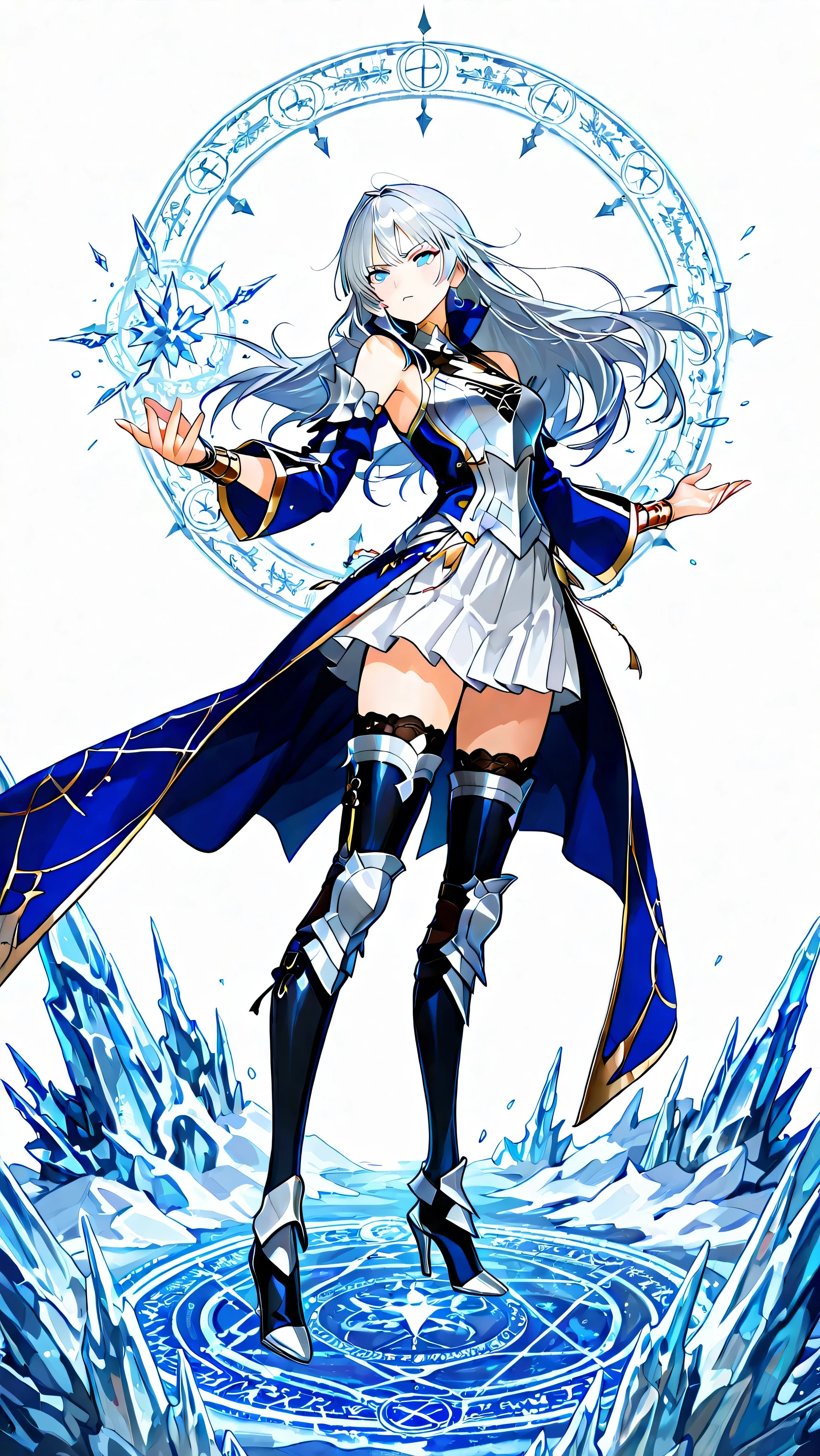 white background, 1girl, solo, masterpiece, female knight theme, beautiful woman with long silver hair, blue-streak on her hair, blue eyes and silky hair, hair down, white chest plate, wearing white knightly attire, long blue coatail, white skirt, decorated with golden details on her outfit, sleeveless coat (clothing cutout), she also wears bridal sleeves that hugs her hands tightly, fantasy-styled ornate wrist guard, black stockings underneath shin guards, armored high heels, standing, highly detailed, anime illustration, add golden intricate details on her overall outfit, action pose, ice, icicles, magic circle, outfit's collar