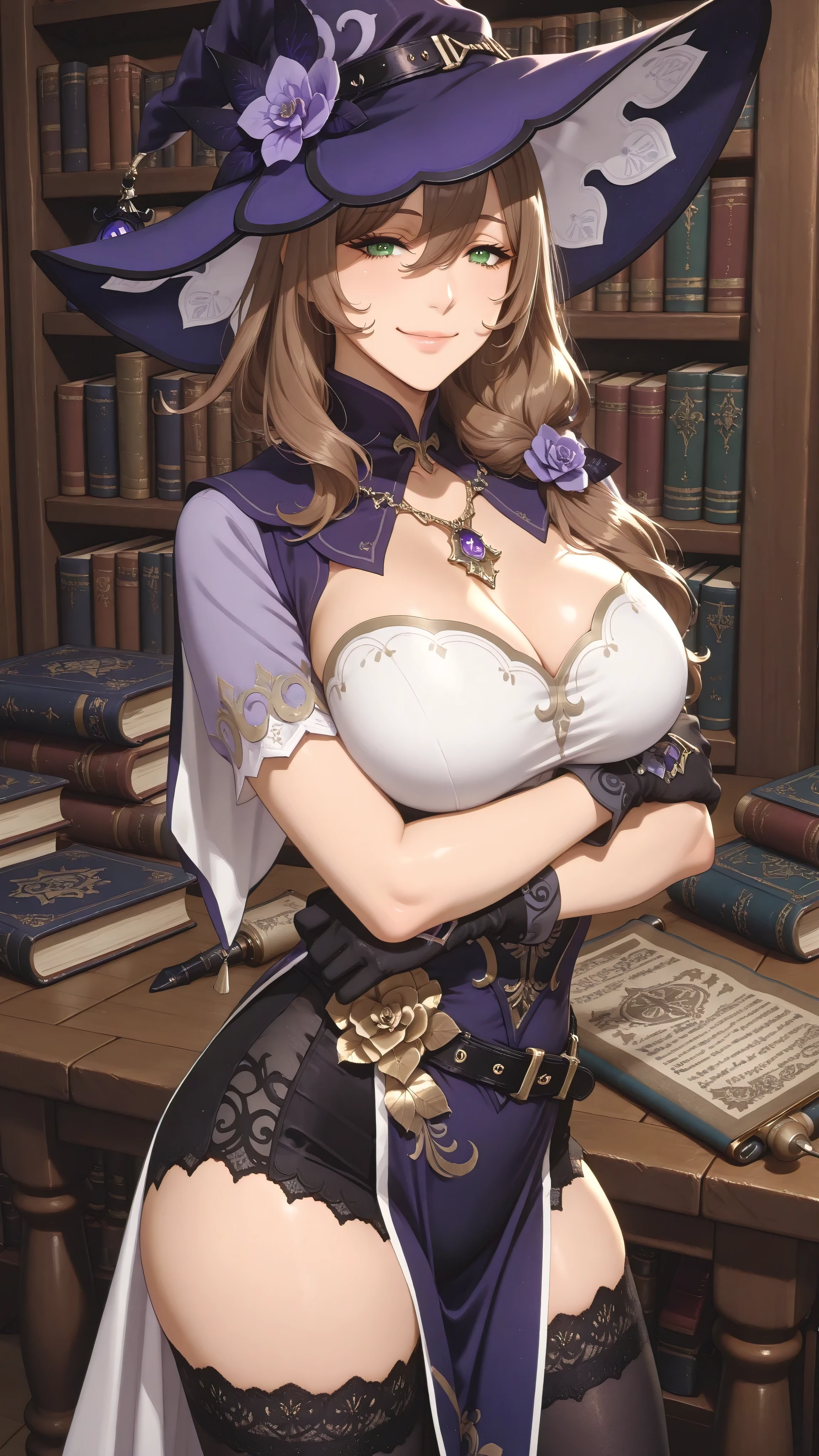 ((Tabletop, highest quality, High resolution, , Pixel Perfect, 4K, ))), Beautiful woman,, alone, beauty、The whole body is visible、 (((???? Witch Cosplay), Long dark blonde wavy hair、Off-the-shoulder jacket,　Dark blue flared skirt、Black knee-high stockings、Witch Hat、, bangs, Brown Hair)), ((Brown eyes, Beautiful eyelashes, Realistic eyes)), ((Detailed face, Blushing:1.2)), ((Smooth texture:0.75, Realistic texture:0.65, Realistic:1.1, Anime CG Style)), Center of ?????, Dynamic Angle, Perfect body, ((,)), Showing cleavage、、Very embarrassing panic smile, 、Big castle library、Sitting on the floor、A large magic book on a desk、Looking up、cute shy smile、(、、A little bit of pink lace panties are visible、)、Angle from below