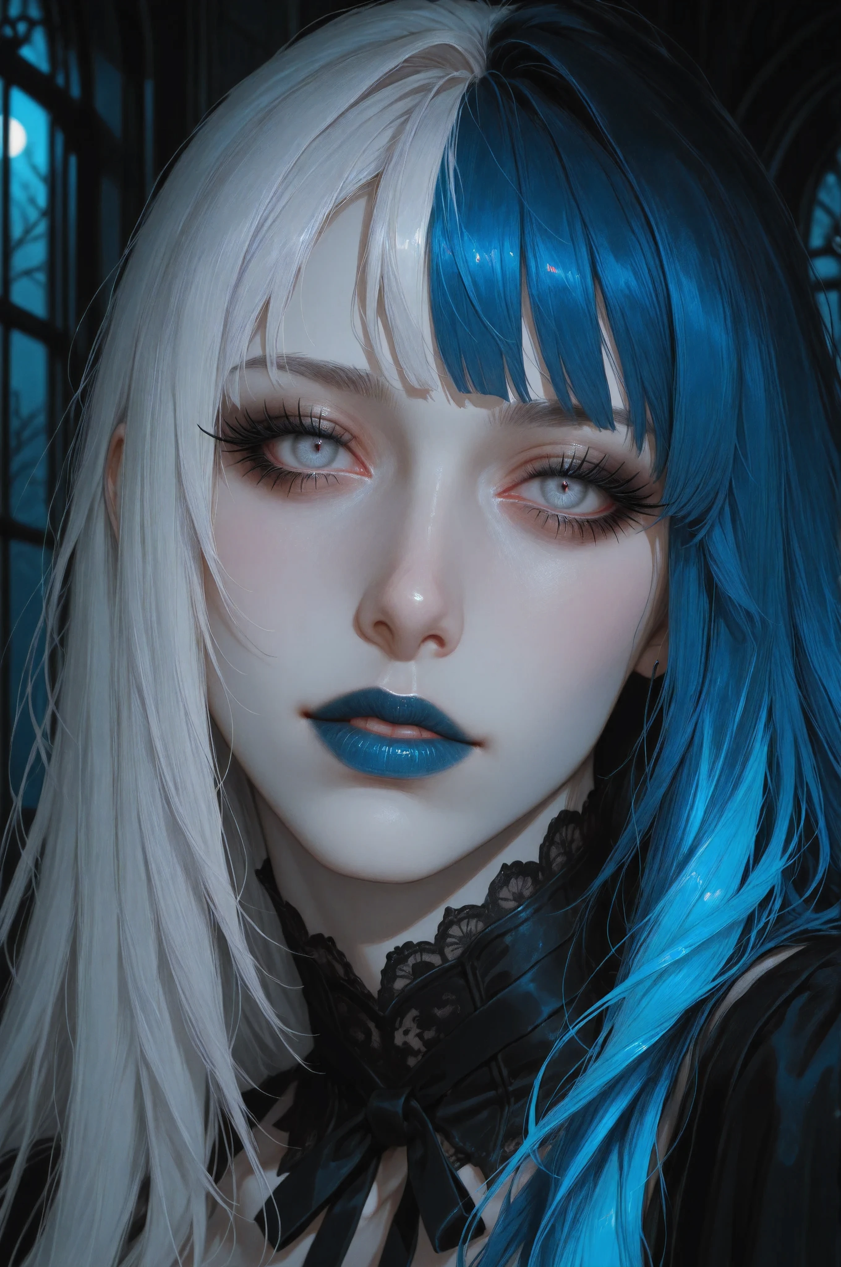semi realistic, painterly, digital painting, 1girl, looking at viewer, close-up, split-color hair, blue hair, white hair, long eyelashes, goth girl, dark theme, moonlight, partially illuminated, pale skin, dark theme, blue lipstick