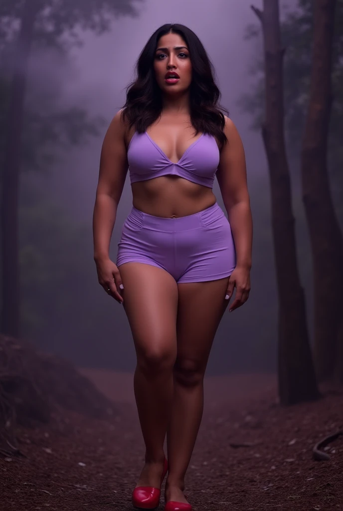 Radhika marchent Indian beautiful woman curvy plus size hour glass bulky huge figure woman, closeup camera view, big huge m-cup breast, wearing SHEIN Teen Girl Letter Graphic Cami Top & Shorts & Mesh Top Color: Multicolor , covered Bust , elegant standing position, eye contact view, different style hairstyle, bright eyes, thin eyebrows, fair skin, blushing cheeks, prefect head to toe view, full body, ideal for high-fashion or editorial shoots, ultra realistic skin texture, head to toe view, full body shot, full body view, smile face, black hair, Indian face, perfect skin tone light, ultra realistic skin texture, bigger waist, busty, big hips, fleshy thighs, thick thighs, busty, full body view, Lavender Field: Endless rows of fragrant lavender flowers.
