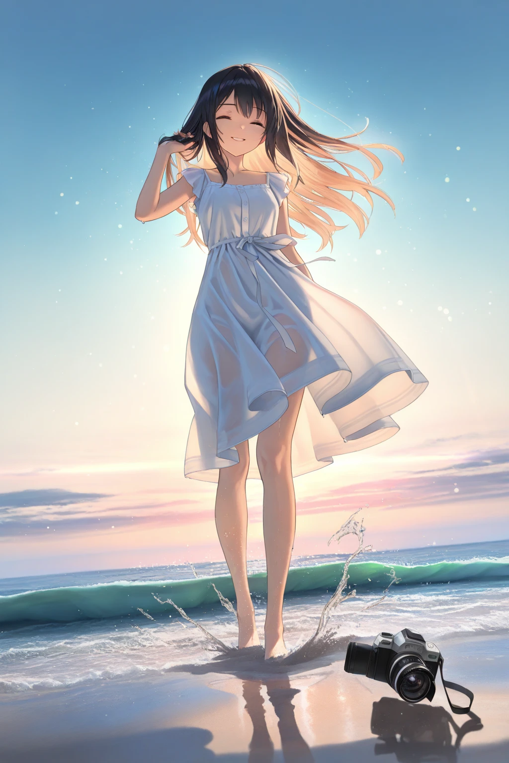 masterpiece, Highest quality, Movie stills, 1 Girl, Sky reflected on the sea surface、Mirror-like water surface、Reflective water surface、I can see your ankles、barefoot、sunset、Beautiful sky, close, bright, Happy, Warm and soft lighting, sunset, (spark:0.7)