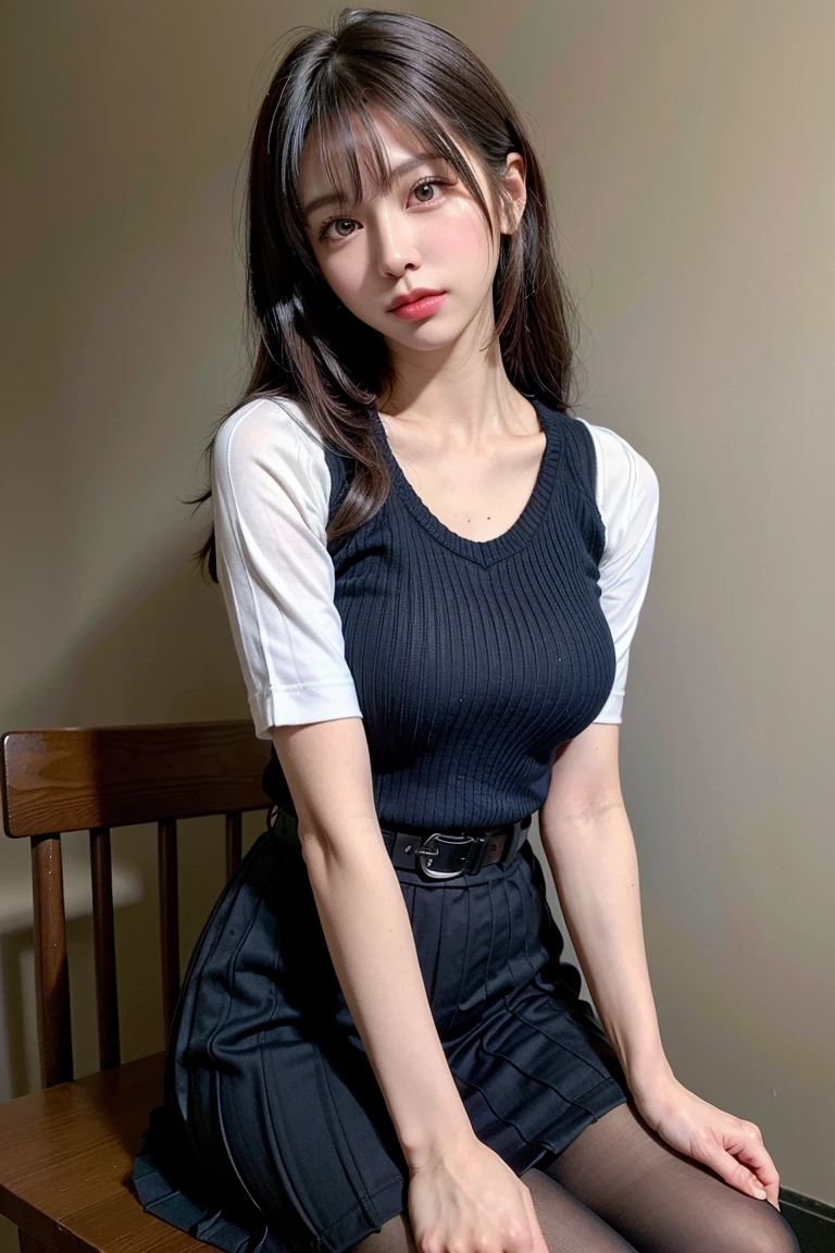 pieces fly、masterpiece、highest quality、Super detailed、High resolution、High resolution、8K portrait、unity 8k wallpaper、Detailed CG、unity 8k wallpaper、Detailed CGユニティ8kの壁紙、realistic、real person、portrait photography、shiny skin、（16 years old:1.2）、(cute:1.2)、High resolution、beautiful clear eyes、very detailed explanation、delicate face、nice lips、thin waist、thin legs、1 girl、(Shopping mall:1.3)、(short sleeve turtleneck knit:1.5)、(pleated skirt:1.3)、(cute smile:1.2)、(Self snap:1.5)、((flat chest:1.8))、(( visible through clothes:1.6))