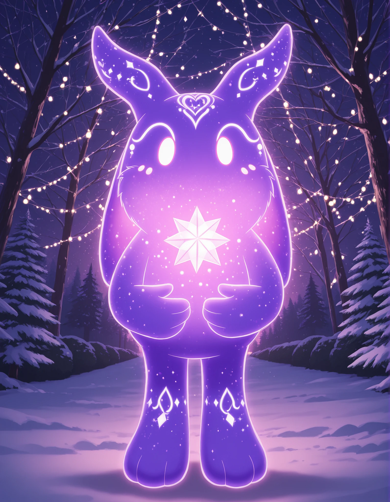 -Bbmbbf-,, A lonely, whimsical, bioluminescent rabbit creature, adorned with graffiti-like markings, amidst a winter wonderland of dark purple and pink. The forest is lit by glowing Christmas lights and ornaments, creating a melancholic yet magical atmosphere. Intricate details,