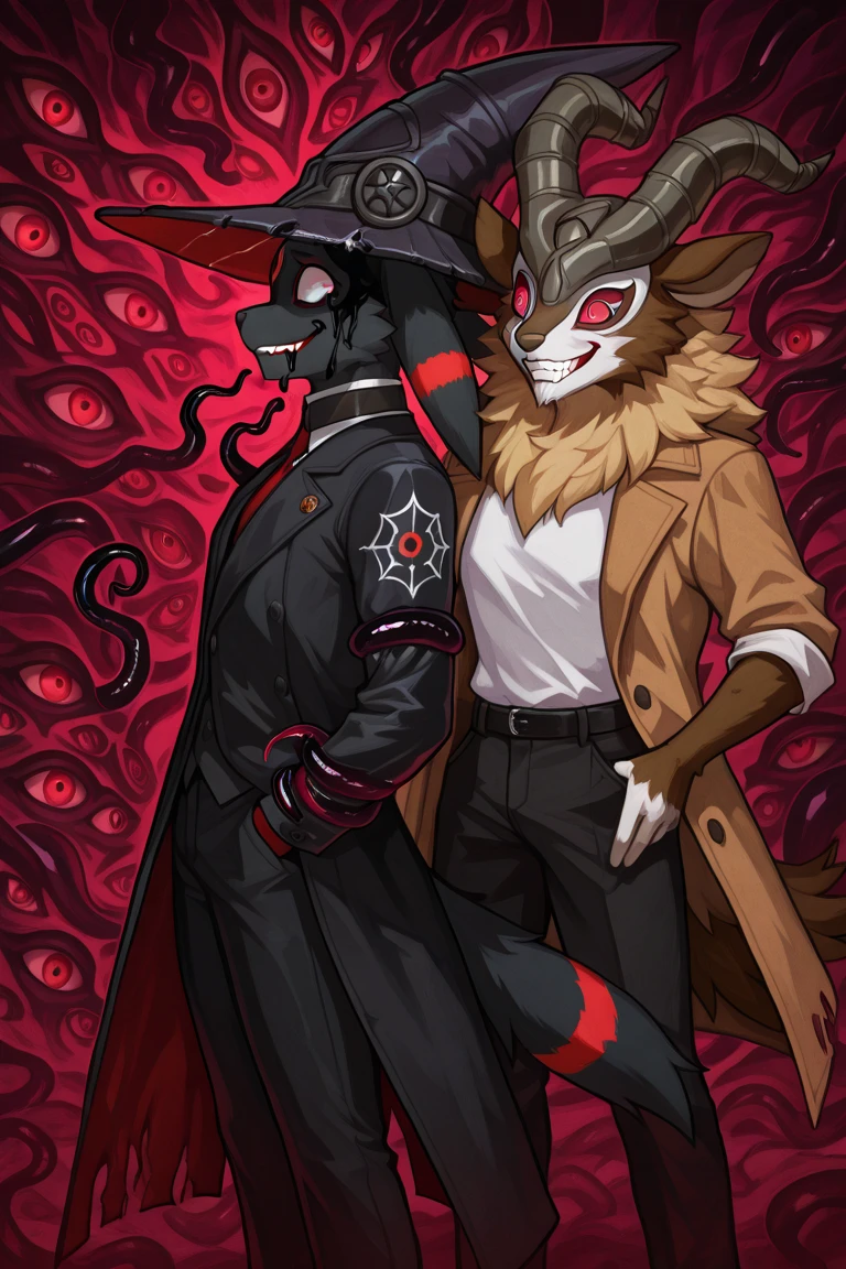 An anthropomorphic male wolf with black fur and red eyes in the back of a gay nightclub with a smaller anthropomorphic male rabbit with green eyes