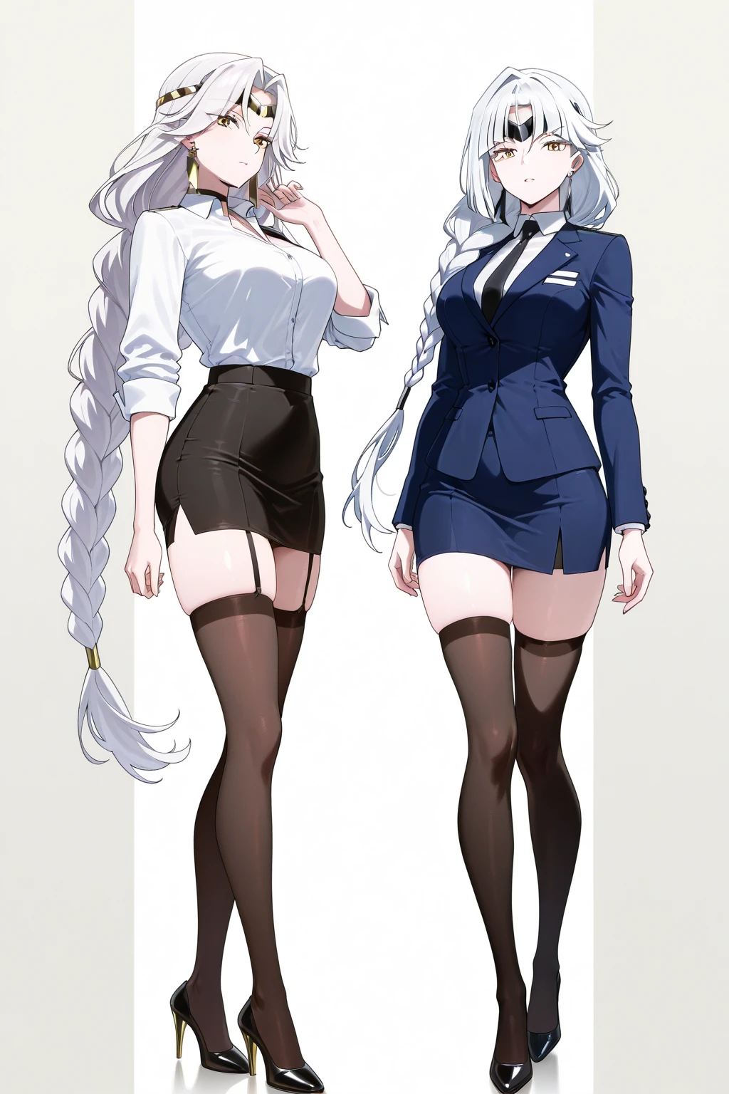 Mesh Hair、Gray Hair、Red Eye、Slanted Eyes、ponytail、long hair、tuxedo、Black stockings exposed、Black high heels、girl１people々、There is no anatomical contradiction、Exposed pubic hair and private parts