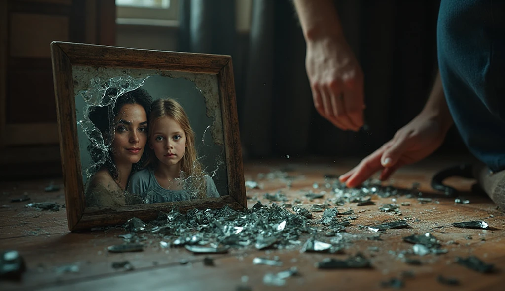 A broken photo of a family on the floor — glass in shards, in the photo ...