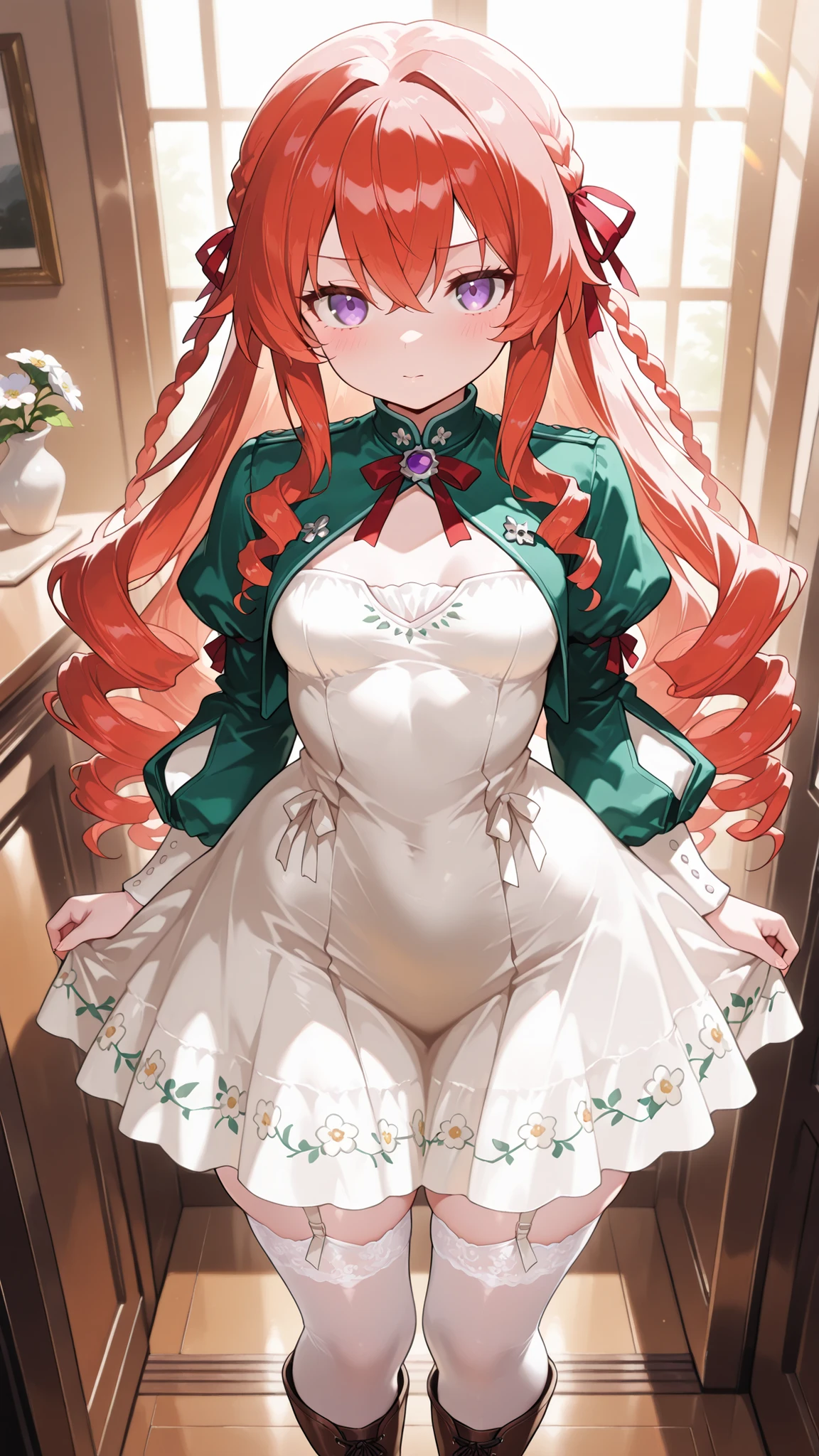 (masterpiece, best quality, ultra high quality:1.1), artist, very awa, {prompt}, masterpiece, best quality, recent, newest, absurdres, highres, original, cute, cute face, solo, solo_focus, variant set, 1girl, petite, lolita, mori_girl, doll-like, incredibly_long_hair, ankle-length_hair, voluminous_hair, ringlets, pale_gold_hair, face-framing_braids, red_hair_ribbon, white_hair_flower, large_eyes, doe_eyes, amethyst_eyes, purple_eyes, looking_at_viewer, innocent_expression, pale_skin, flawless_skin, slender, delicate_build, tiny_waist, pear-shaped_hips, small_breasts, b-cup, cream_dress, floral_print, empire_waist, mint_green_jacket, puffed_sleeves, white_thighhighs, garter_straps, lace_garters, brown_boots, standing, in_a_garden, full_body, sunlight, soft_lighting, detailed_background