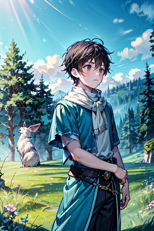 A young man troubadour, approximately 18 years old, with short brown hair, Kind eyes, dressed in worn-out gray pierced medieval clothes, on a meadow in ashes, in front of a spirit of semitransparent wind, ethereal