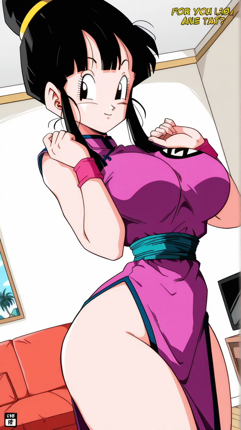 hnsfw,ighres, hi res, best quality, masterpiece, intricate details, absurdres,, YamamotoXLP, simple white background, retro artstyle, comic,
1girl, large breasts, narrow waist, wide hips, (chi-chi \(dragon ball\):1.1).
sexy pose, cowboy shot, looking at away, sexy pose, indoors, living room, looking at viewer, hands up, light smile, dutch angle, from side,,
 