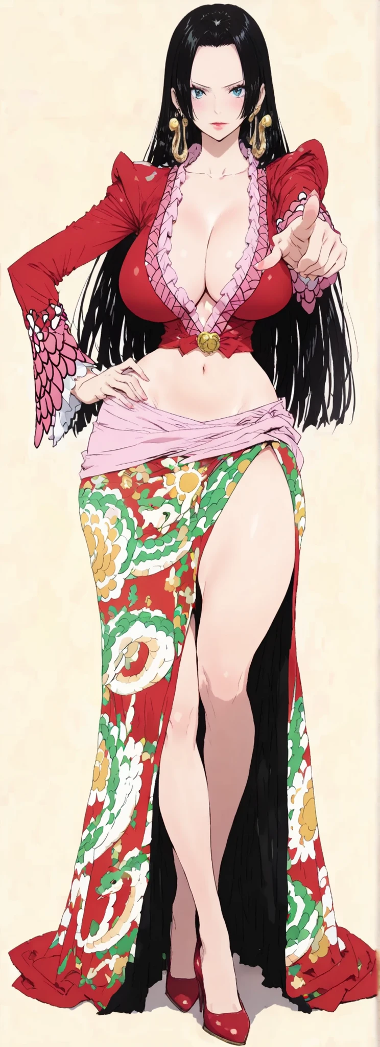 ,(masterpiece:1.3),(high quality:1.4),(intricate, high detail:1.2),,solo, hancock, 1woman, solo, black hair, blue eyes,makeup, long hair, snake earrings, anime coloring, large breast,thick thighs , large breasted dress, red shirt, cleavage, midriff, navel, red heels,(full body shot:1.4),standing,,(hand on hip),(pointing at viewer), simple beige background,