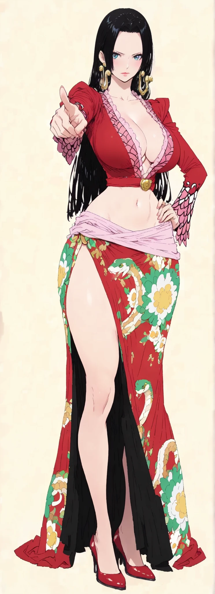 ,(masterpiece:1.3),(high quality:1.4),(intricate, high detail:1.2),,solo, hancock, 1woman, solo, black hair, blue eyes,makeup, long hair, snake earrings, anime coloring, large breast,thick thighs , large breasted dress, red shirt, cleavage, midriff, navel, red heels,(full body shot:1.4),standing,,(hand on hip),(pointing at viewer), simple beige background,