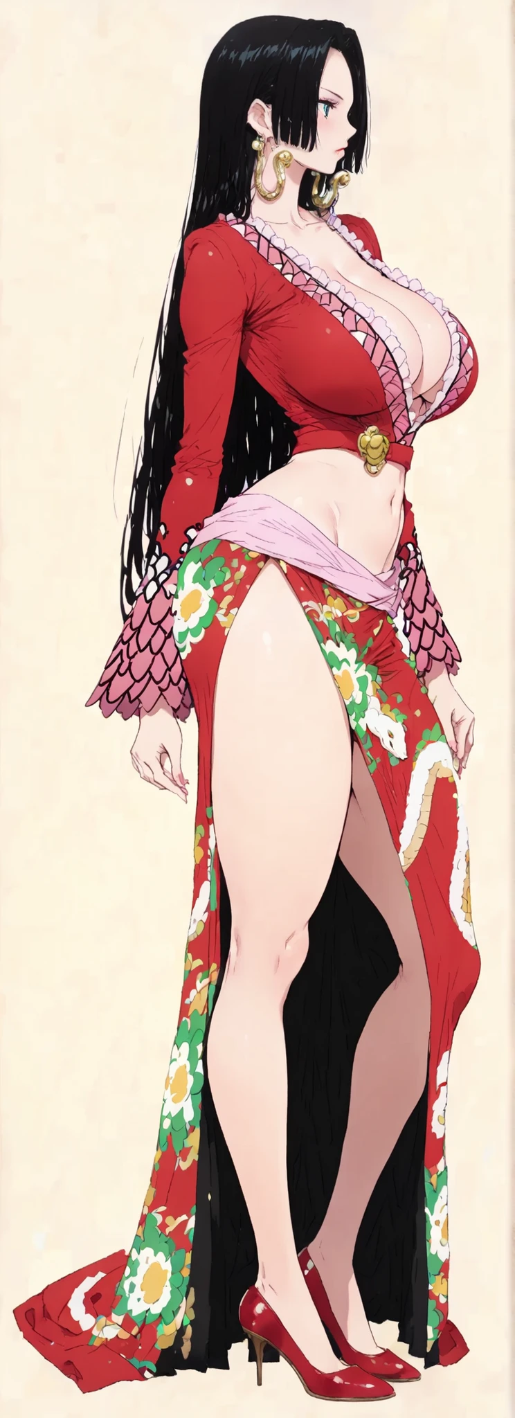 ,(masterpiece:1.3),(high quality:1.4),(intricate, high detail:1.2),,solo, hancock, 1woman, solo, black hair, blue eyes,makeup, long hair, snake earrings, anime coloring, large breast,thick thighs , large breasted dress, red shirt, cleavage, midriff, navel, red heels,(full body shot:1.4),standing,,(side angle, from side),(), simple beige background,