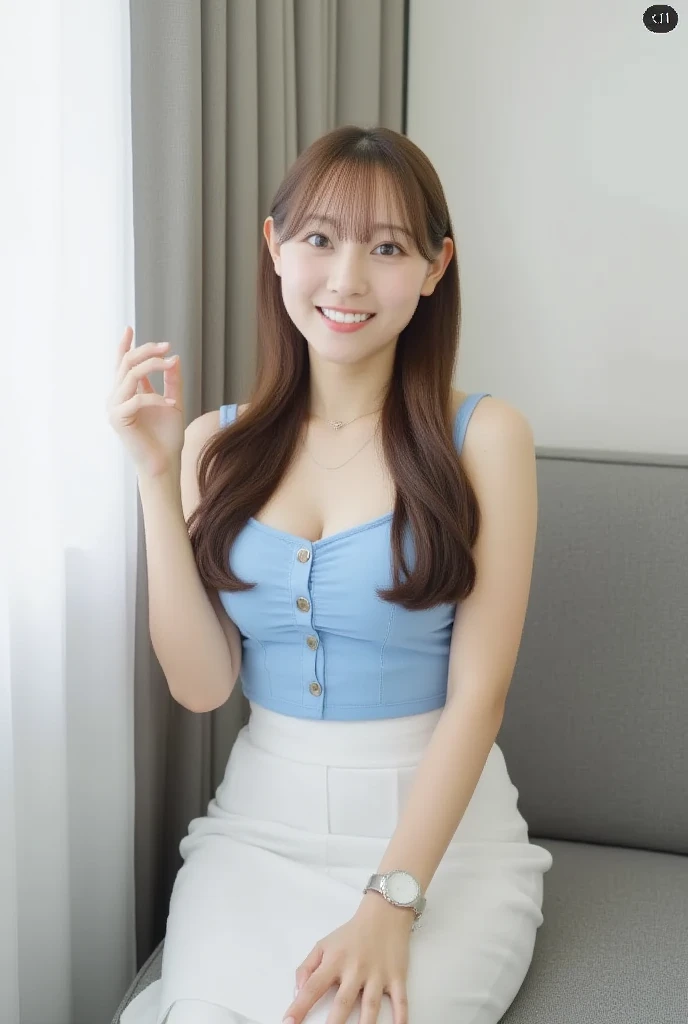 A 20-year-old woman with a very cute face like a 15-year-old idol　Smiling Kindly　(((Whole body)))　(((Full body portrait)))　Sheer blouse　Medium Bust　Cleavage　Stylish evening wine bar　Cinema lighting　Natural light　Artistic　High level of artistry　RAW Photos　Genuine　High quality that is indistinguishable from real life　Real Stick　High resolution