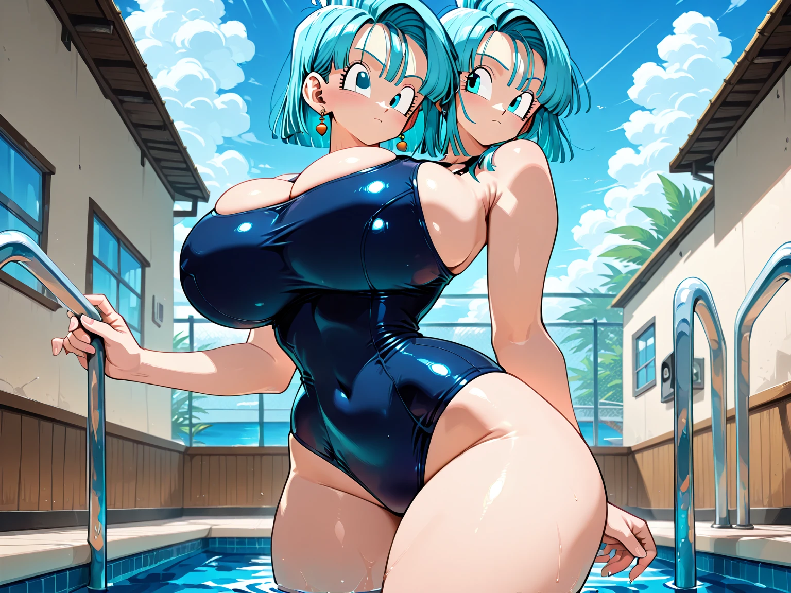 High resolution, Dragon Ball, Bulma, 1girl, ((bimbo))), short blue hair, blue eyes, puffy lips,  thick lips, wide ????, thick thighs, enormous fake ??????, huge ???, ???? flirty face, shiny skin, ???? legs, ??????? squeezed together, white micro ??????, beach, ?????????, perky ???????, 
