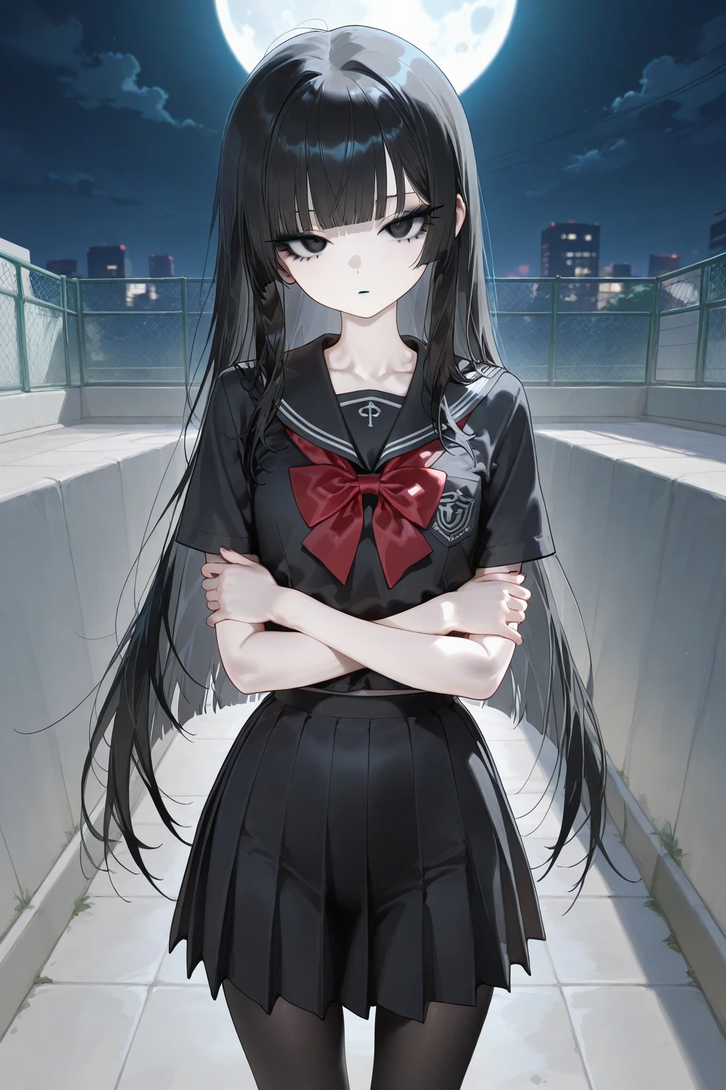 (masterpiece, best quality), 1girl, 16yo, realistic, black dress, red tie, goth, sitting, sprad legs, , (red ), vibrant colors, abstract background, lines geometric, night, dark theme, high contrast, deep shadows