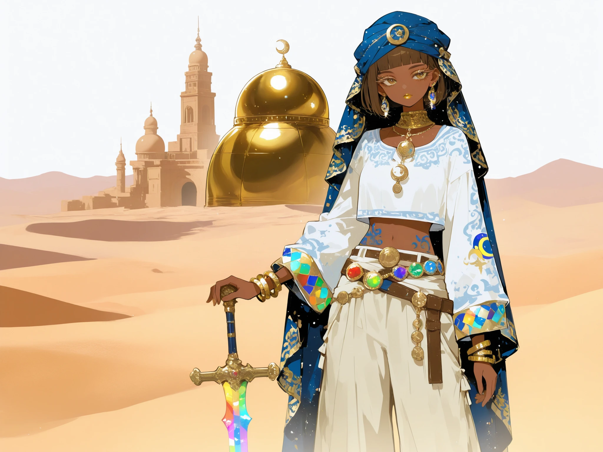 (0__11Xx_illu,duobaan,) The sorceress is a jeweler, a master of artifacts.  She has tanned dark skin covered with ornate blue tattoos. She has dark-brown shorty haircut ((boy's crewcut)) with a copper sheen. She has golden lips, bronze eyes and long dramatic eyelashes. She wears a desert outfit :a white-yellow-brown sandy-shade loose-fitting shirt with long sleeves, loose-fitting trousers, over which she wears a sky-blue desert robe with hood, and a sky-blue turban with veil. She has golden crescent moon pendants with multicolored gems on her belt.  She wears a set of gold bracelets, large crystal amulet with a rainbow stone and hoop earrings. She holds a  paired curved arabian swords. ((IN the background:A desert landscape in which stands an ivory Arab tower with a golden dome.))