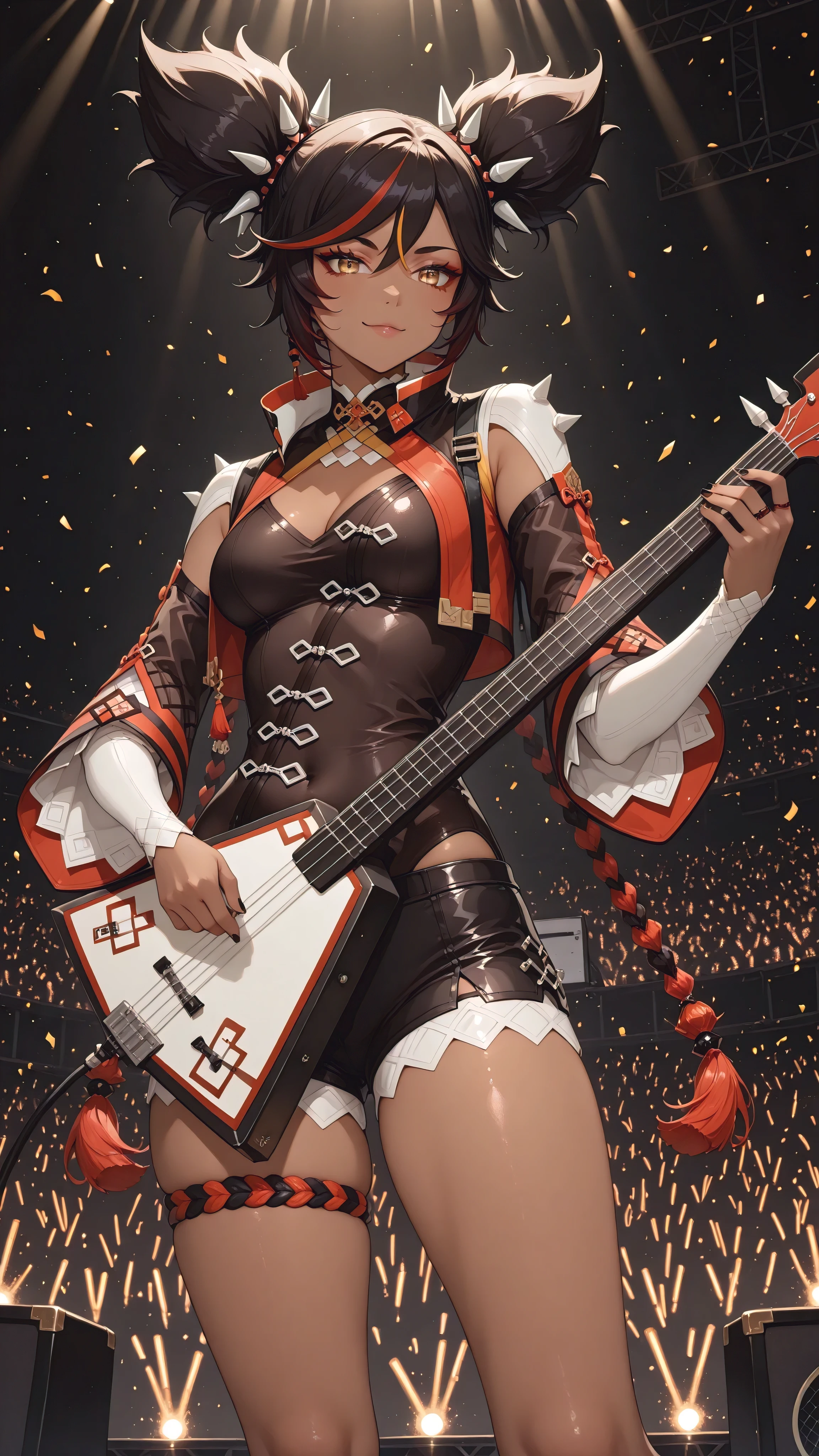 (concert:1.4), xinyan \(genshin impact\), twintails, pigtails, guitar