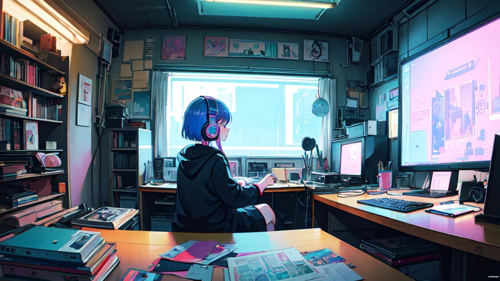 (zero), Girl studying in room, Reading a book, Wear headphones, , Night lighting, Neon scenery on a rainy day,Analog Color Theme, Lo-fi Hip Hop , retrospective exhibition, flat, 2.5D ,Draw a line, Ink drawing, Large slope, Watercolor, Goosh Colors, Studio Ghibli style, Great colorful, Outerton, Synthwave, Lofi Art,90s Style,Old Texture, amplitude,90s vibe, Tabletop, Great technology, 16:9 Scale