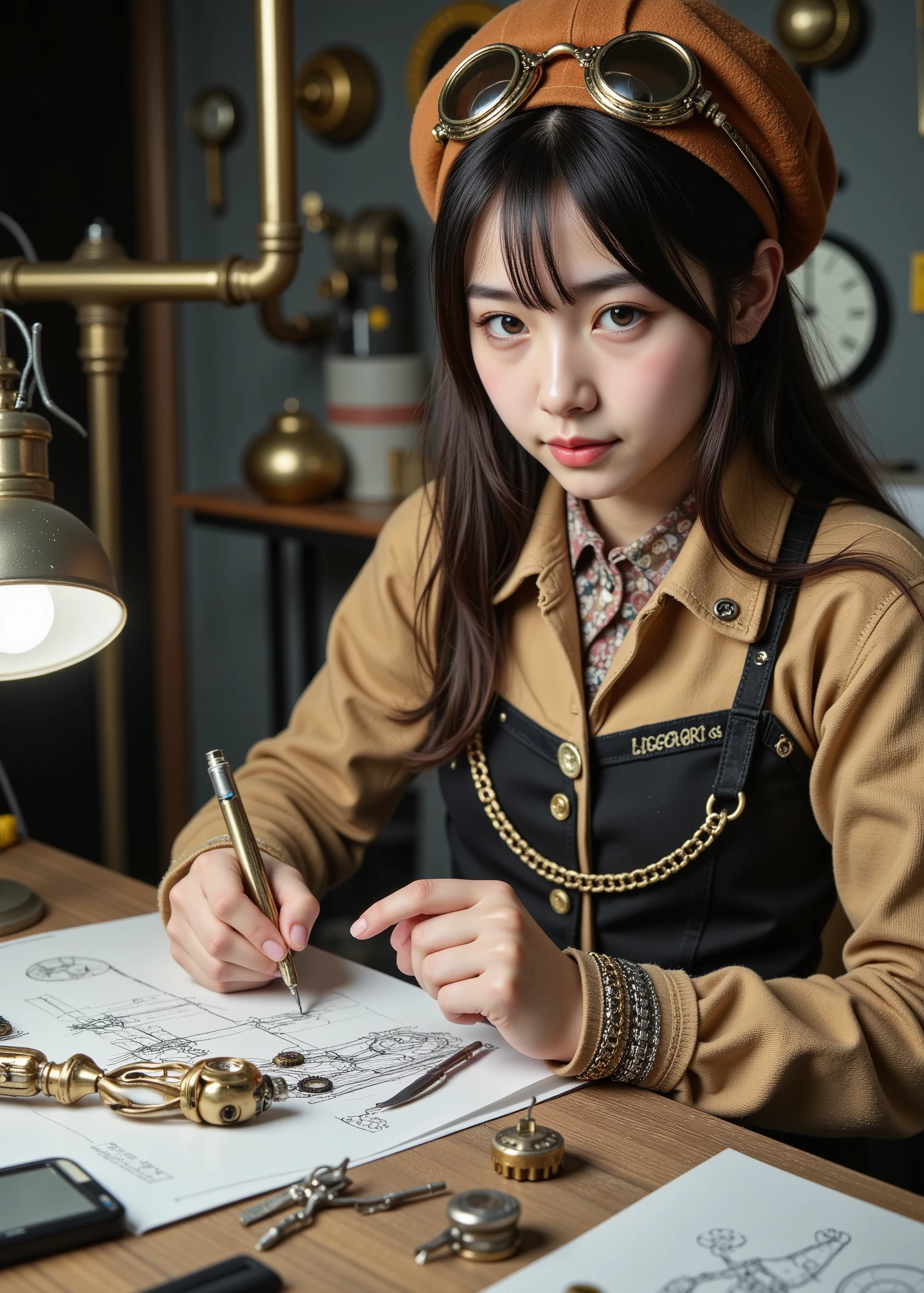 cyborg pet repair scene、PRECISION WORK 、digital diagnostic device、、cat robot、soft light、Technical Knowledge、 Gentle Hands 、sci-fi worldview , The cyberpunk-style girl is focused , sketching intricate blueprints of a female Steampunk girl. the workshop is a machine wonder , Mr.々and are filled with brass gears of a considerable size , Steam-powered contraptions, The frayed wooden workbench is littered with craft tools . Brass pipes run along the wall , periodically hissing with Steam, In the background, a clockwork device ticks away the time . The girl is wearing a chestnut-colored hat , black, The golden vest has metallic accents , In her pocket, she has a pocket watch and small tools. On her head is a silk hat decorated with brass gears , Copper wire, Neon Accents , with Steampunk-style goggles. Her machine's limbs are made of brass . The sound of the machine is 、 vibrant atmosphere , Steam, It reminds one of Victorian-era technology .、