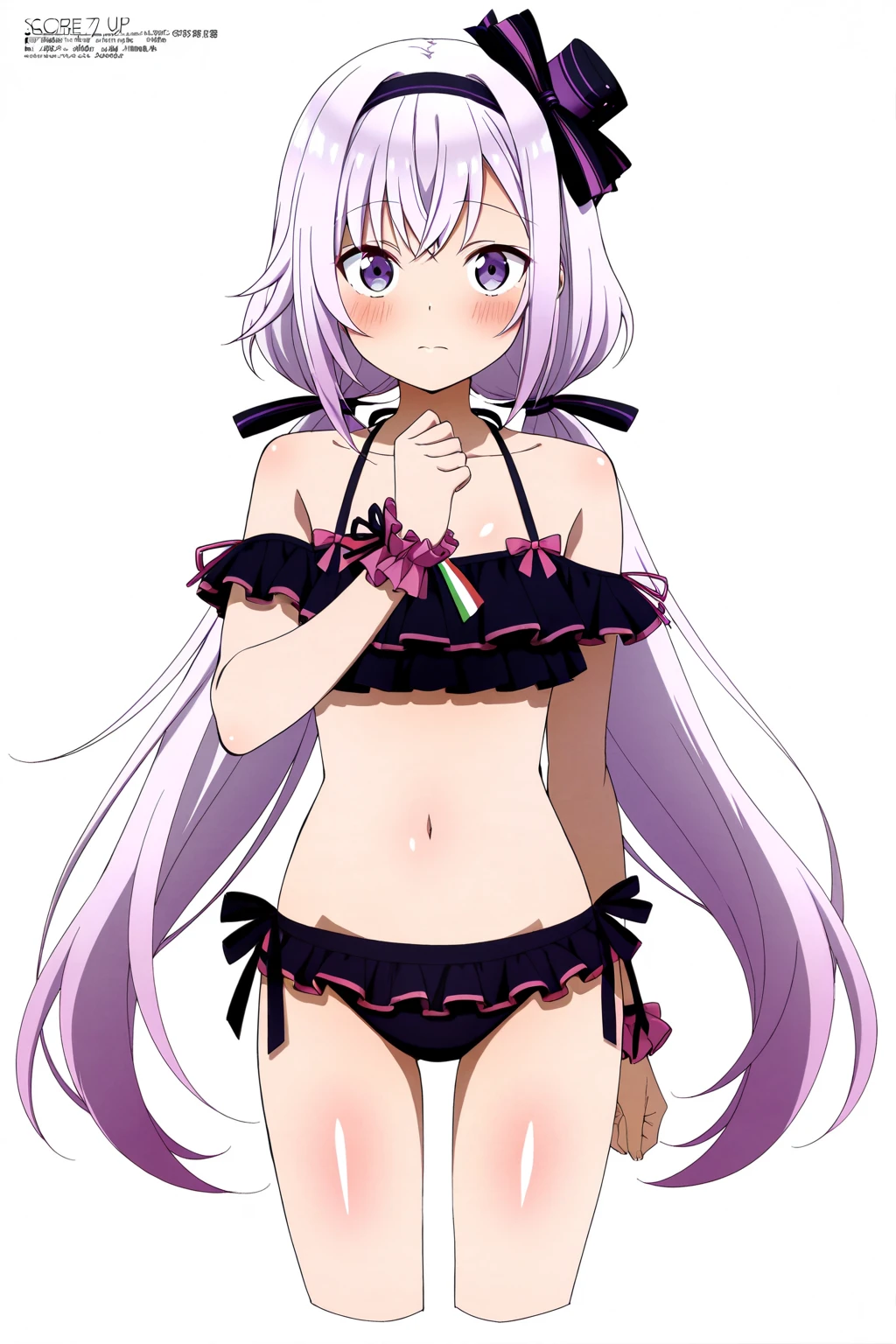 score_9, score_8_up, score_7_up, source_anime, best quality, masterpiece, purple hair, long hair, purple eyes, solo, hair between eyes, ribbon, hair ribbon, bangs, looking at viewer, collarbone, very long hair, closed mouth, twintails, black ribbon, ponytail, full body, swimsuit, white backgorund <lora:Suzuka_Nagami:1>