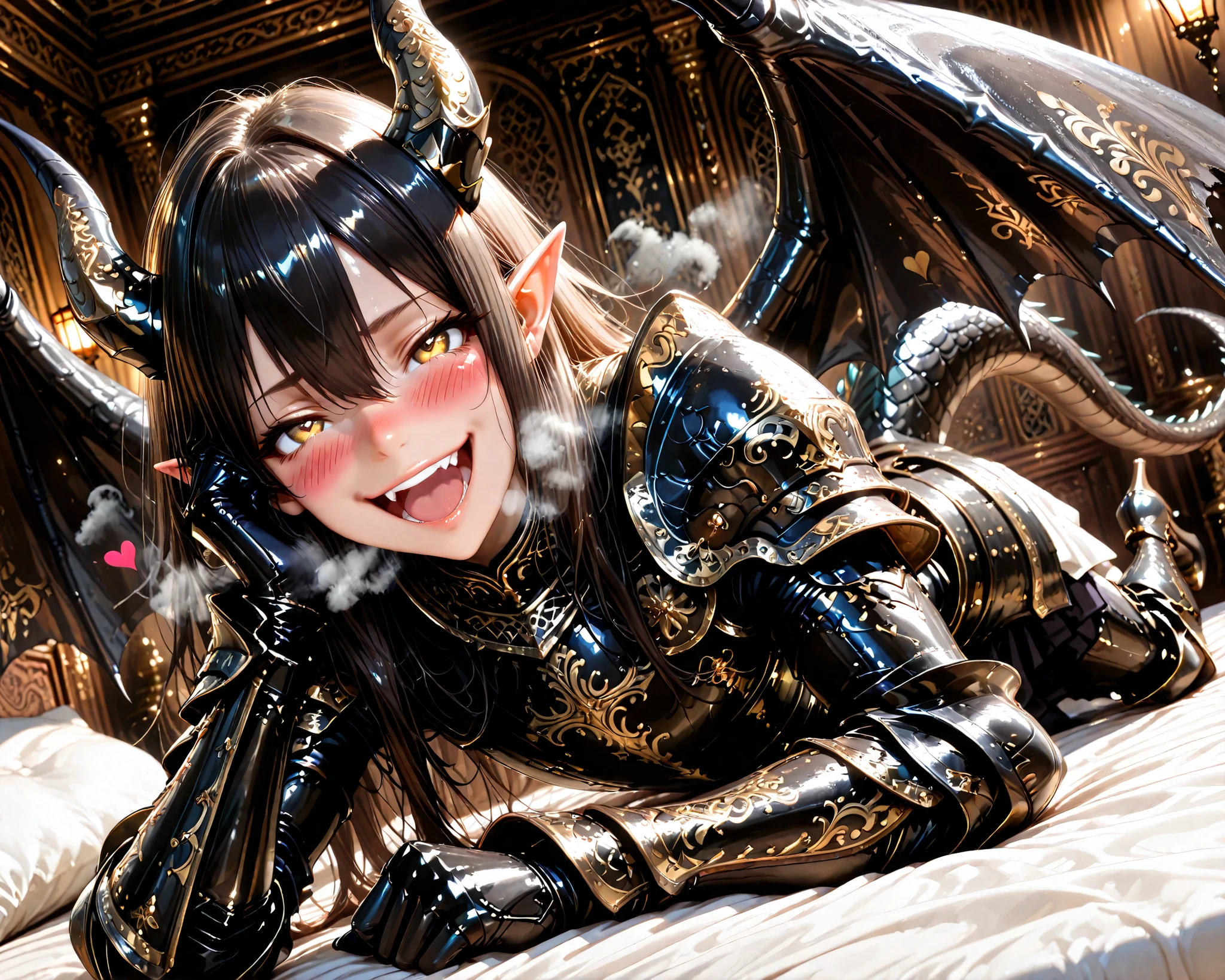 score_9, score_8_up, score_7_up, absurdres, (((128K Ultra High Resolution))), (masterpiece, best quality: 1. 5), (high definition: 1, 4), (highres), 8K wallpaper, (excellent graphics: 1. 5), CG, (((Japanese Anime style))), (1 male), (solo), (((lean body, masculine))), weredragon, glossy black, shiny black leather, (((beautiful golden eyes, finely detailed eyes, bright eyes, heart symbol eyes))), hair between eyes, black hair, long hair, sideburns, wild hair, (((sadistic smile, naughty face, open mouth))), ((ultra detailed face)), (((blushing, heavy breathing))), shiny skin, long pointy ears, twisted torso, long-legged, sculpted face, wasp waist, dragon horn, dragon tail, dragon wings, dragon sharp claws, (black armor with a lot of grandiose decorations: 1. 5), half dragon half human, (on a luxurious bed, lying in bed, bed waiting for you: 1. 5), (looking straight into the camera, dutch angle, dynamic pose: 1. 5), (ultra detailed black armor, well-polished black armor: 1. 5), (gold-adorned armor: 1. 5), all black outfit, full body, sharp focus, good-looking man, (best illustration, highly detailed artwork: 1. 5), dramatic lighting, (intricate detail, extreme detailed, super detailed: 1. 5), (stark contrast, heavy shadows: 1. 3), ((detailed black decorations)), beautiful & aesthetic, photoreal, (from side), (mysteriously crafted black metal armor: 1. 5), thick & luxuriant hair, (ultra detailed fantasy black armor, wonderful black armor: 1. 5), (realistic metal texture), broad shoulder, true-to-life visuals, artistically refined, (extremely delicate & beautiful armor, elaborate armor details: 1. 5), (giant black armor, dark armor, stylized armor: 1, 5), (((armor-type high heels))), (extremely detailed armor with intricate engravings, intricate armor with gold ornaments: 1. 5), ((very gorgeous and dazzling)), (dark fantasy black knight: 1. 5), slim waistlines, wide chested, sinewy body, (Hyper Detailed & Perfectly Designed Black Armor: 1. 5), (luxury bedroom)