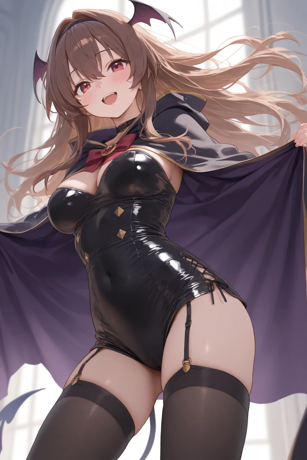 masterpiece, super fine illustration, best quality, light particles, ultra-detailed, 8K, (bright colors:1.2),[official art],[[anime styled]],[[digitalart]],siggy, nun, 20yo,young female, brown long hair, bangs, green eyes, jewelry, necklace,purple cape on her head,standing,(uper body),(naked,nude),smile,embarrassed,(erect nipples),((white lace panties)),standing break background church