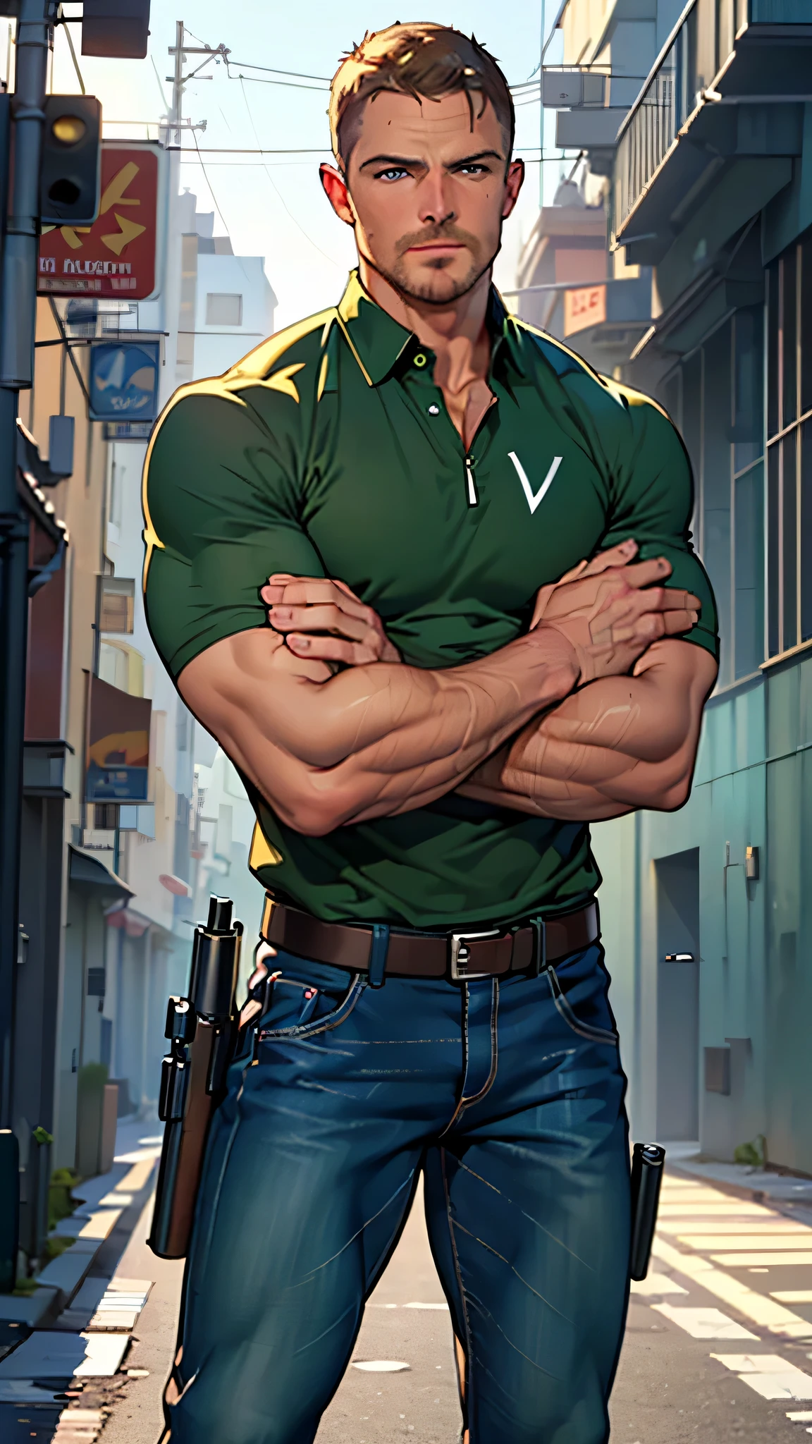 vpl,vpl,1 man, male focus solo,45 yo man, (((Stephen AMELL as private investigator))), lean muscle, open blue shirt, marine blue jeans with brown belt ,( bulge), full body shot, dark blond short hair, BLUE GREEN EYES , well groomed facial hair, (((( HANDS CROSSED , holding TWO guns IN BOTH HANDS LIKE JAMES BOND )))) (((SPREAD LEGS , VERY MANLY APPERANCE ))), ultra high quality, masterpiece, ( ever changing background, blue and white and green arabesques lines in the background)