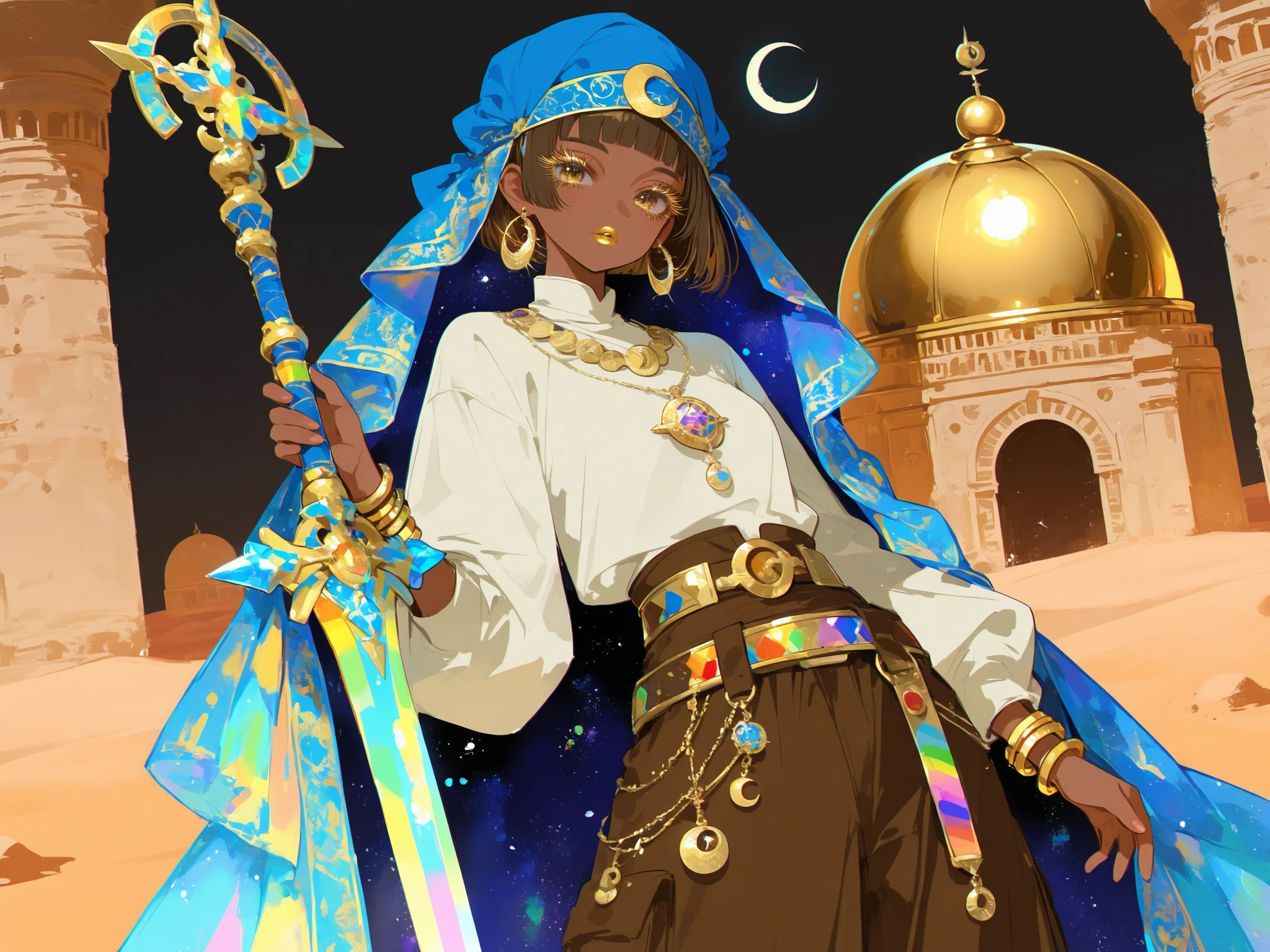 (0__11Xx_illu,duobaan,) The sorceress is a jeweler, a master of artifacts.  She has tanned dark skin covered with ornate blue crescent moon tattoos. She has dark-brown shorty haircut ((boy's crewcut)) with a copper sheen. She has golden lips, bronze eyes and long dramatic eyelashes. She wears a desert outfit :a white-yellow-brown sandy-shade loose-fitting shirt with long sleeves, loose-fitting trousers, over which she wears a sky-blue desert magic coat with hood, and a sky-blue turban with veil. She has golden crescent moon pendants with multicolored gems on her belt.  She wears a set of gold bracelets, large crystal amulet with a rainbow stone and hoop earrings. She holds a  paired curved arabian swords. ((IN the background:A desert landscape in which stands an ivory Arab tower with a golden dome.))