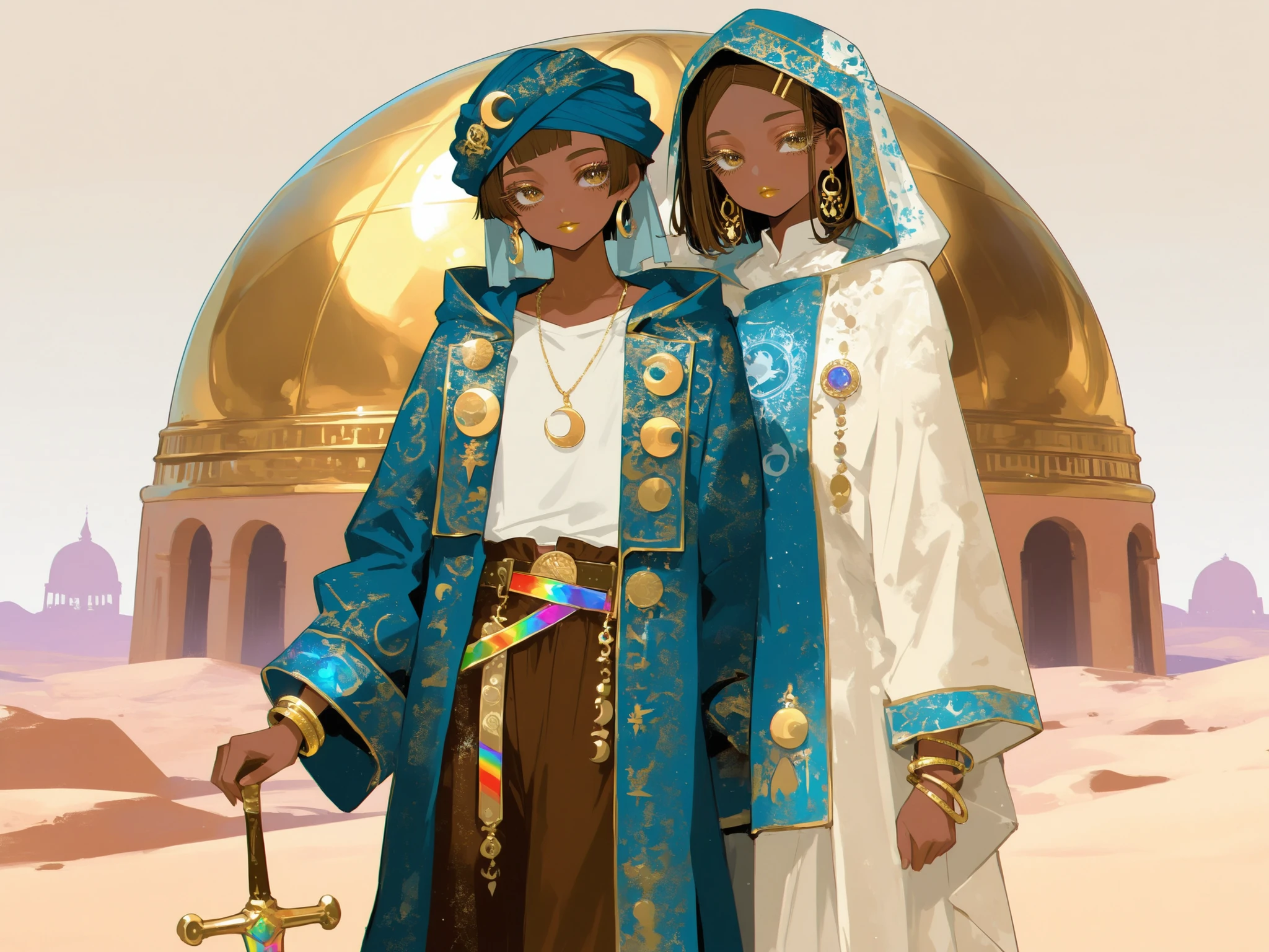 (0__11Xx_illu,duobaan,) The sorceress is a jeweler, a master of artifacts.  She has tanned dark skin covered with ornate blue crescent moon tattoos. She has dark-brown shorty haircut ((boy's crewcut)) with a copper sheen. She has golden lips, bronze eyes and long dramatic eyelashes. She wears a desert outfit :a white-yellow-brown sandy-shade loose-fitting shirt with long sleeves, loose-fitting trousers, over which she wears a sky-blue desert magic coat with hood, and a sky-blue turban with veil. She has golden crescent moon pendants with multicolored gems on her belt.  She wears a set of gold bracelets, large crystal amulet with a rainbow stone and hoop earrings. She holds a  paired curved arabian swords. ((IN the background:A desert landscape in which stands an ivory Arab tower with a golden dome.))