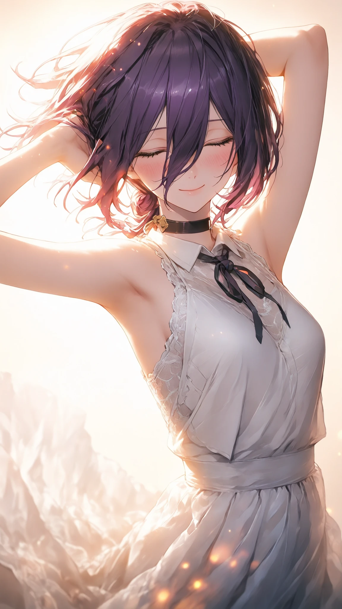 ultra high definition,1girl,reze,closed eyes,closed mouth,Smile,Blush,Blush,white lace dress,arm on own head,warm light background,Floating on your back in the air,fantastic atmosphere,mysterious sight,Cinematic Lighting,Brilliant Light,light particle